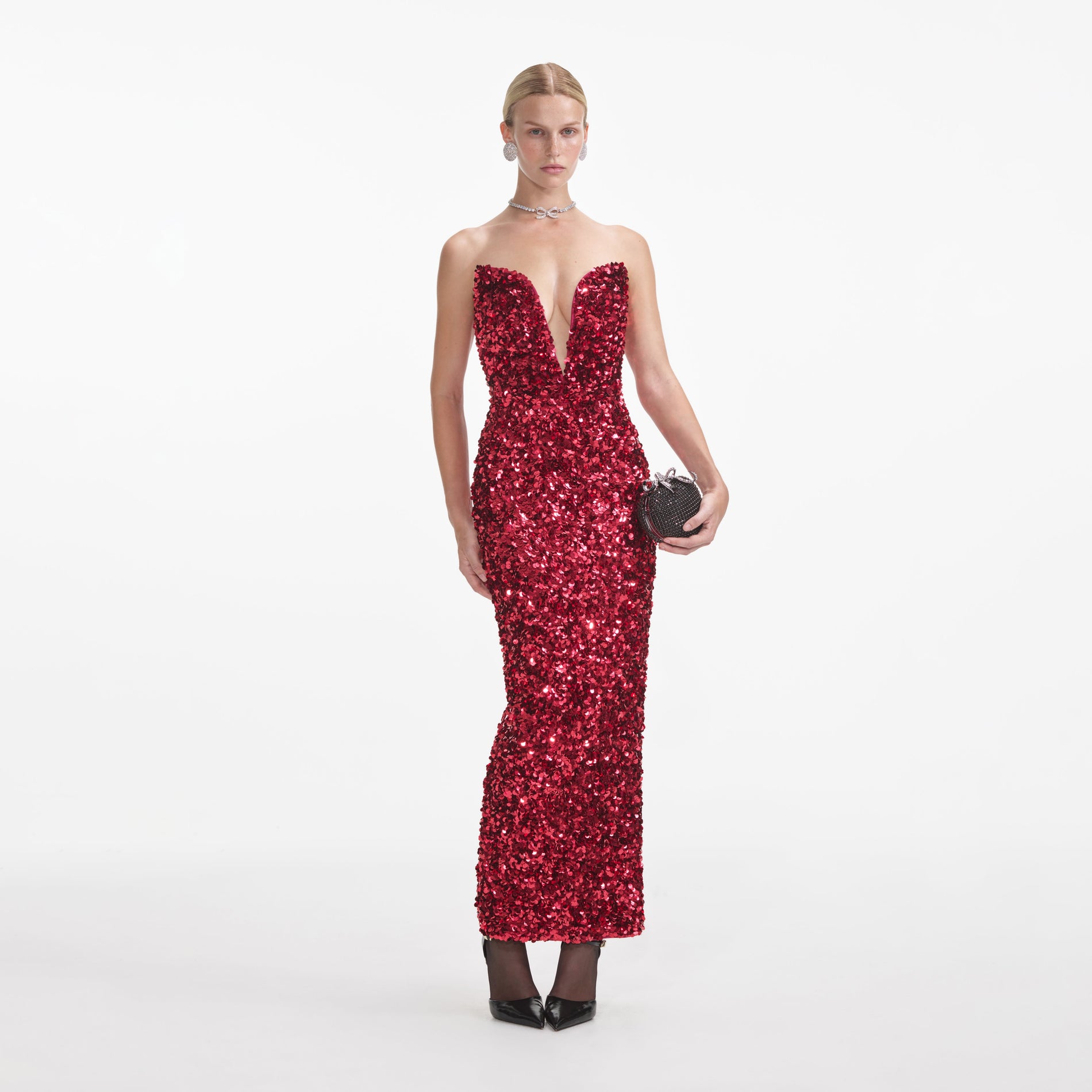 Front view of a woman wearing the Red 3D Sequin Midi Dress