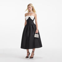 Black Taffeta Contrast Bow Midi Dress