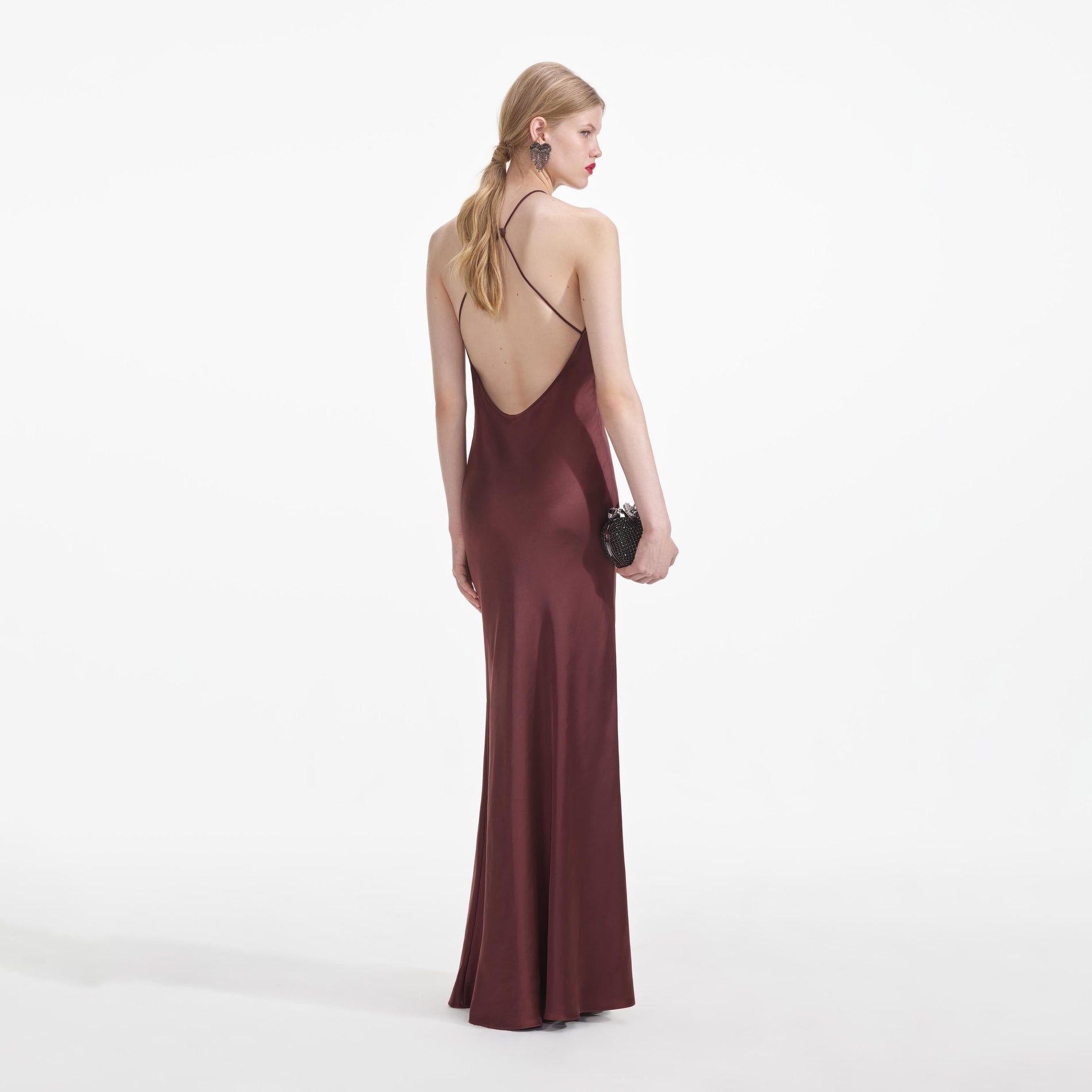 Back view of a woman wearing the Brown Satin Maxi Dress