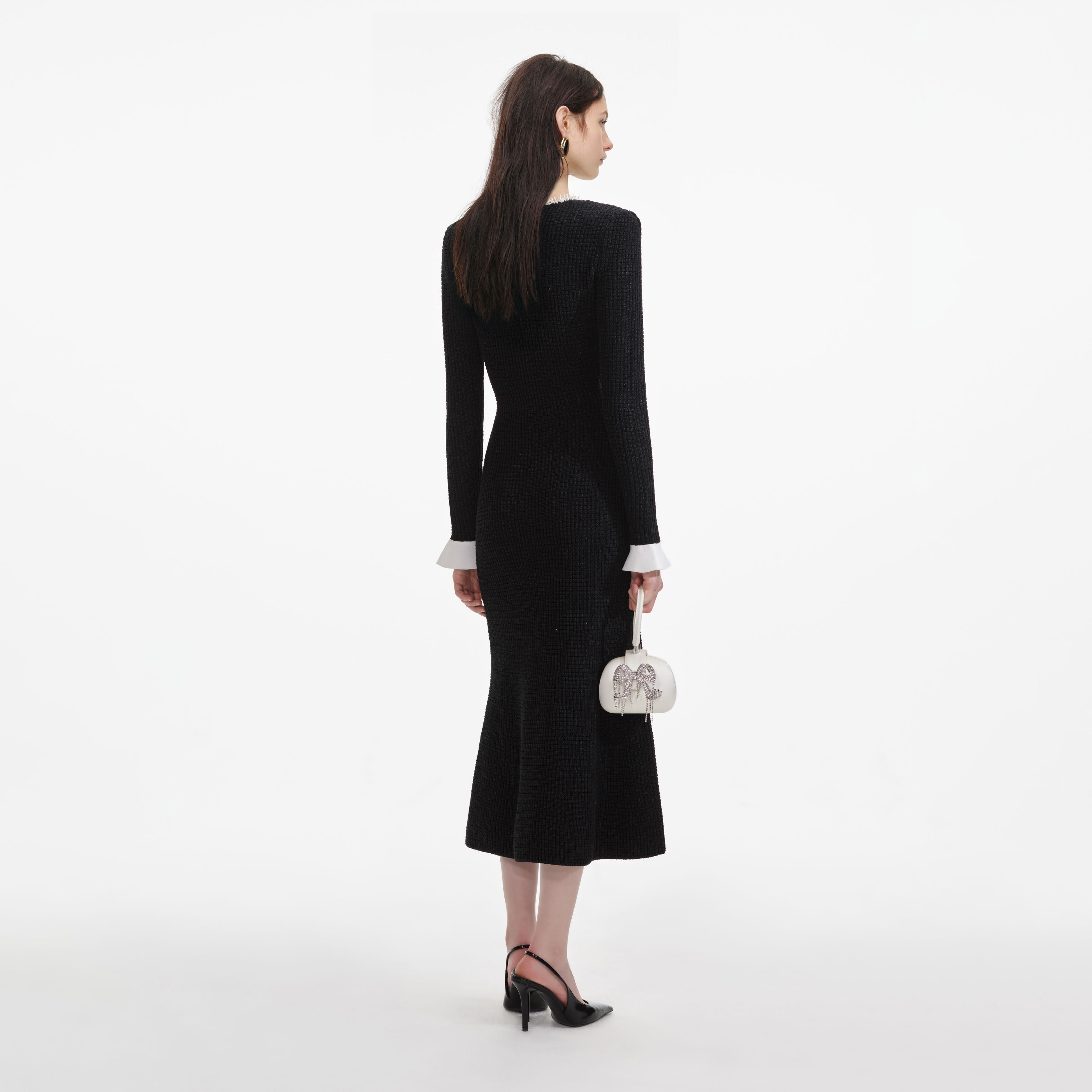 Black Pearl Trim Knit Midi Dress