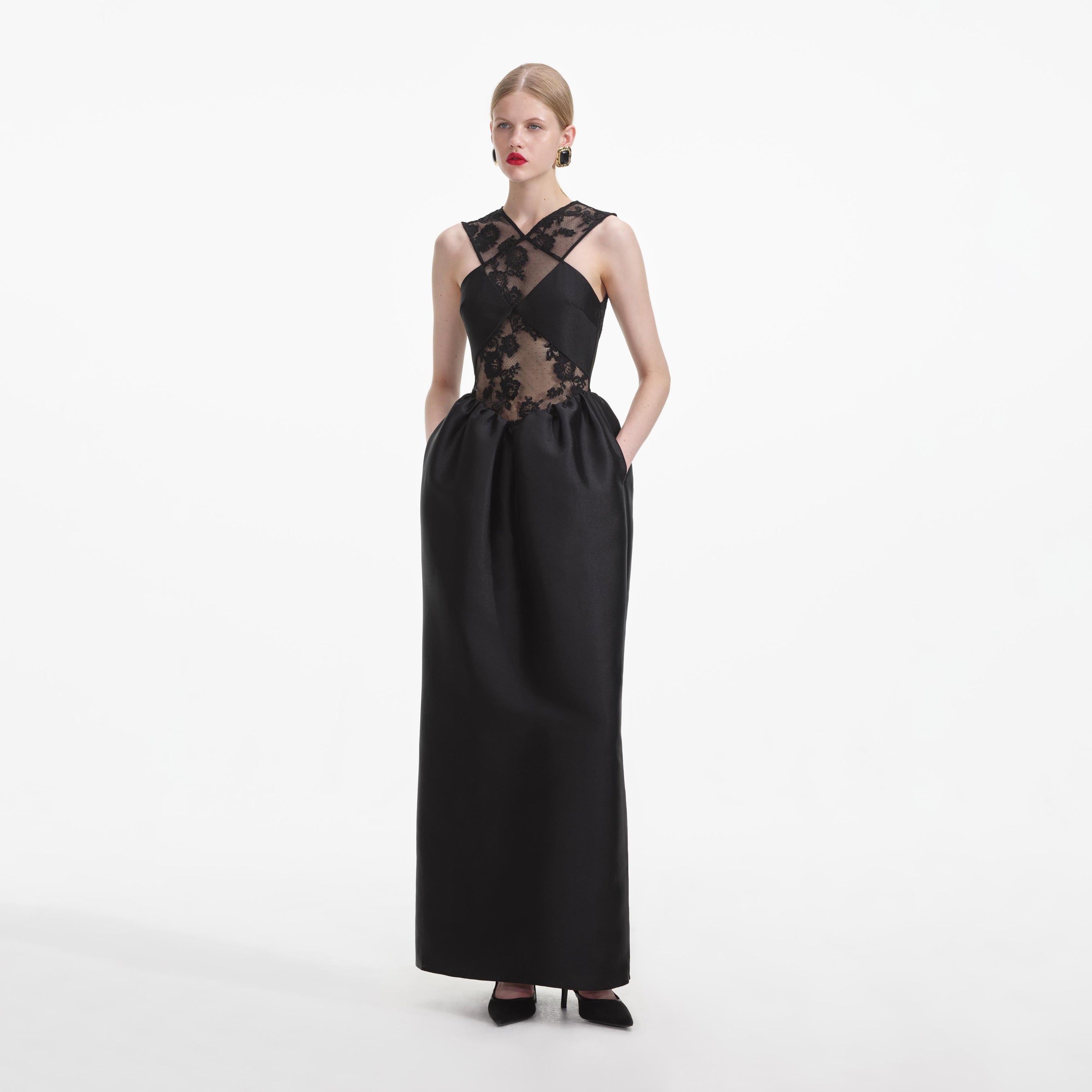 Black Lace Taffeta Maxi Dress