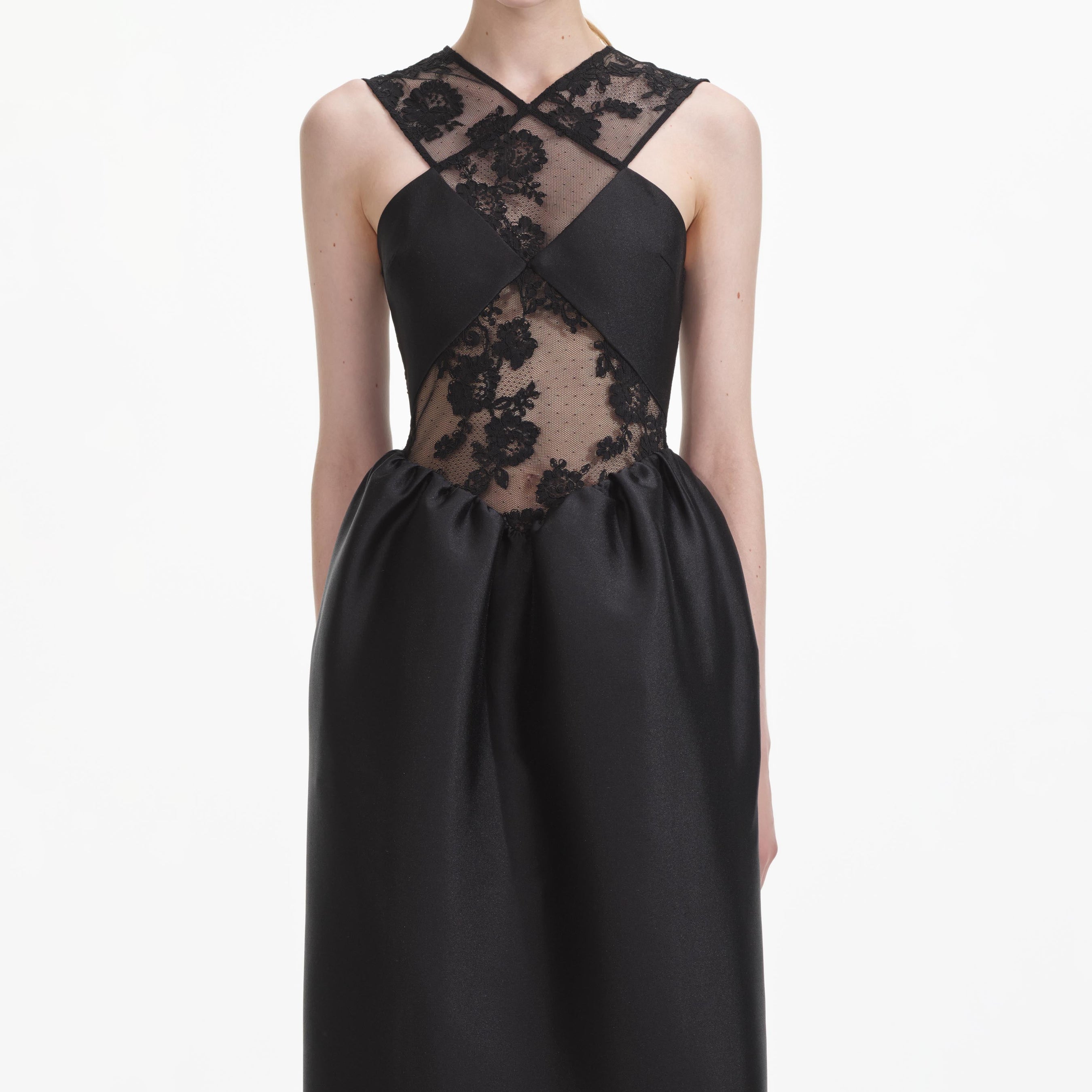 Black Lace Taffeta Maxi Dress