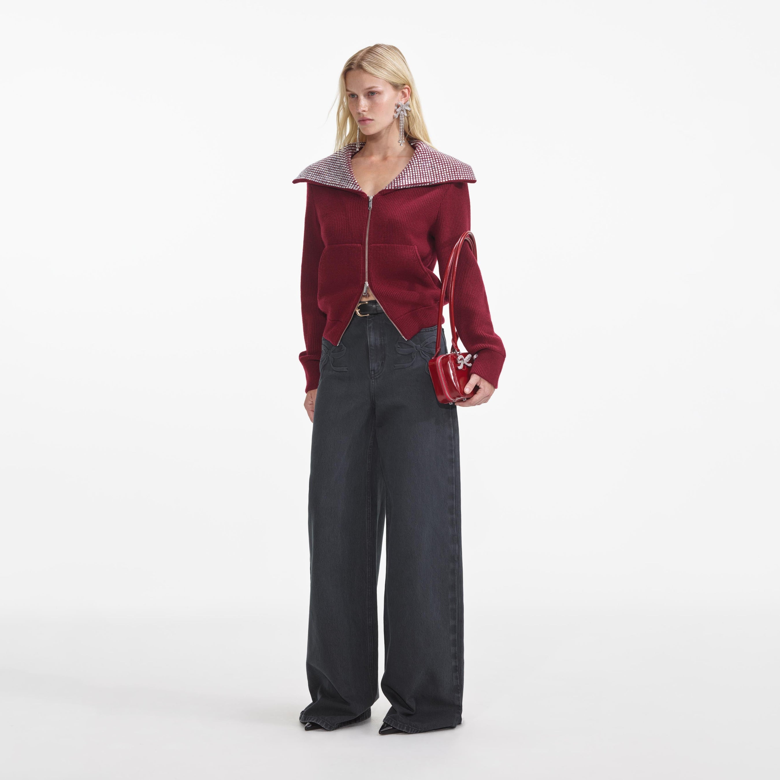 Burgundy Diamante Collar Knit Jacket