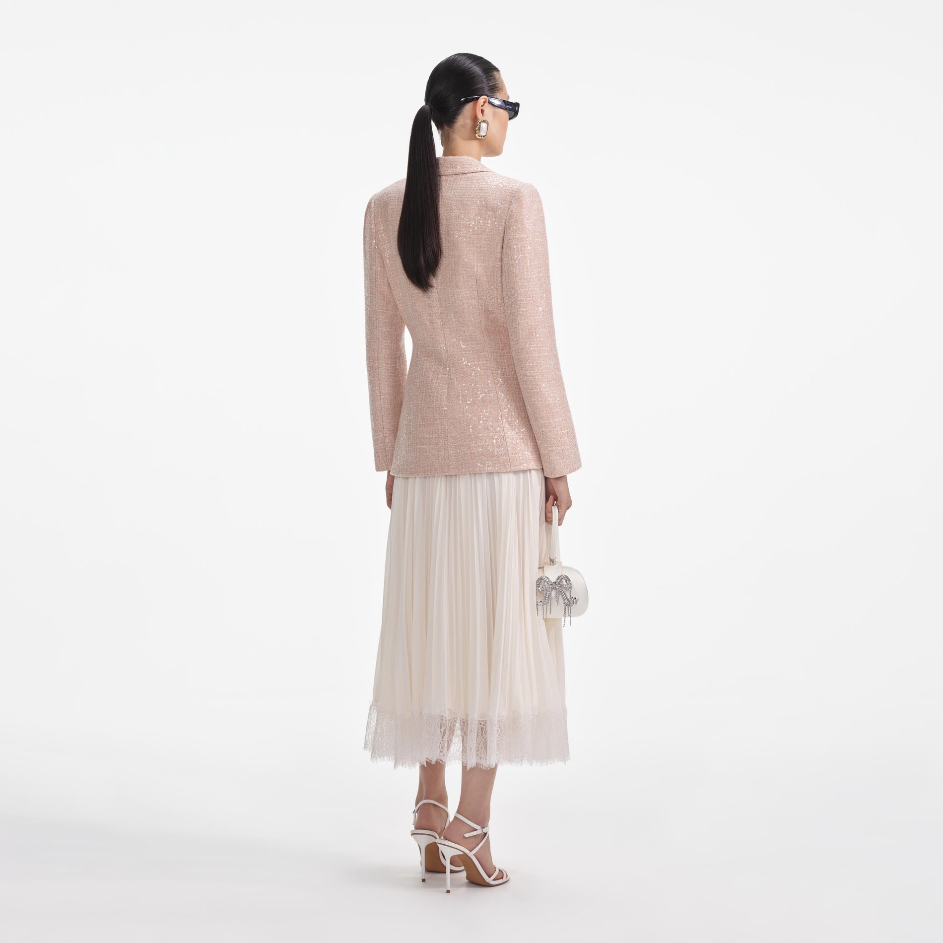 Back view of a woman wearing the Sequin Boucle Chiffon Midi Dress