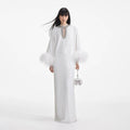 White Sequin Feather Maxi Dress