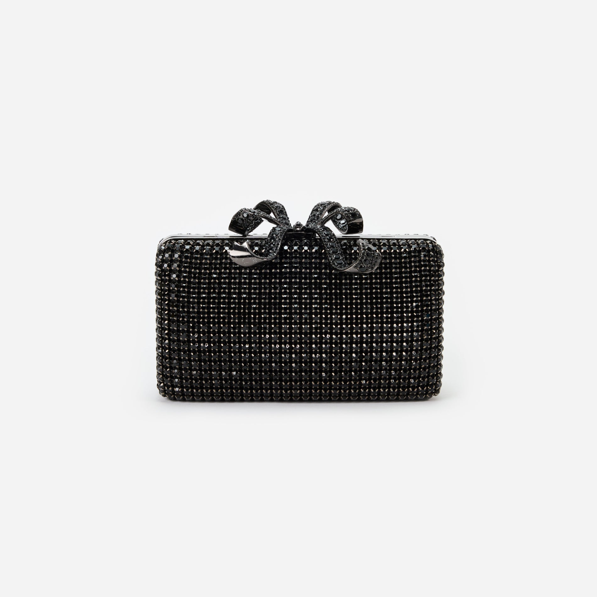 Front view of a woman wearing the Black Crystal Box Clutch