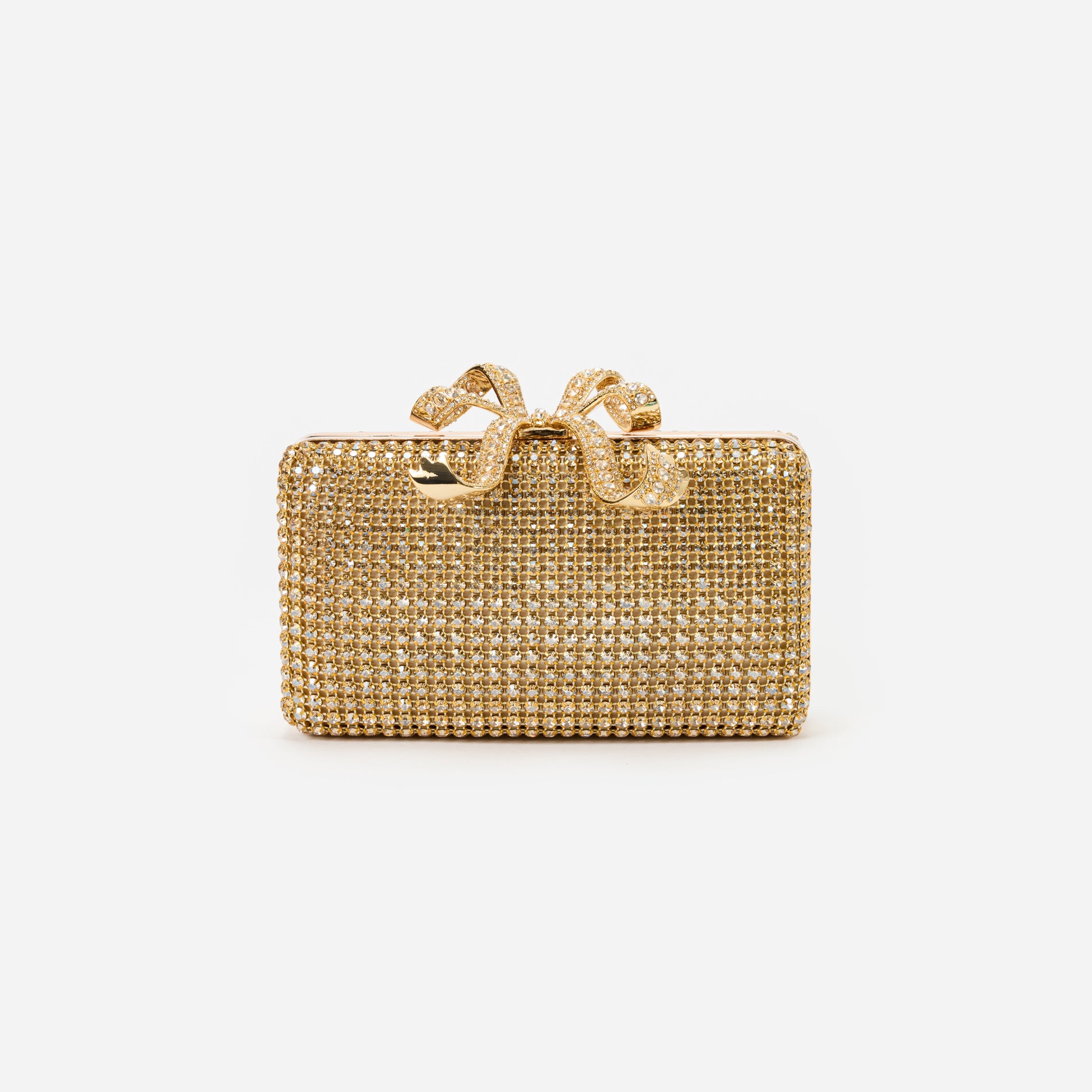 Front view of a woman wearing the Gold Crystal Box Clutch