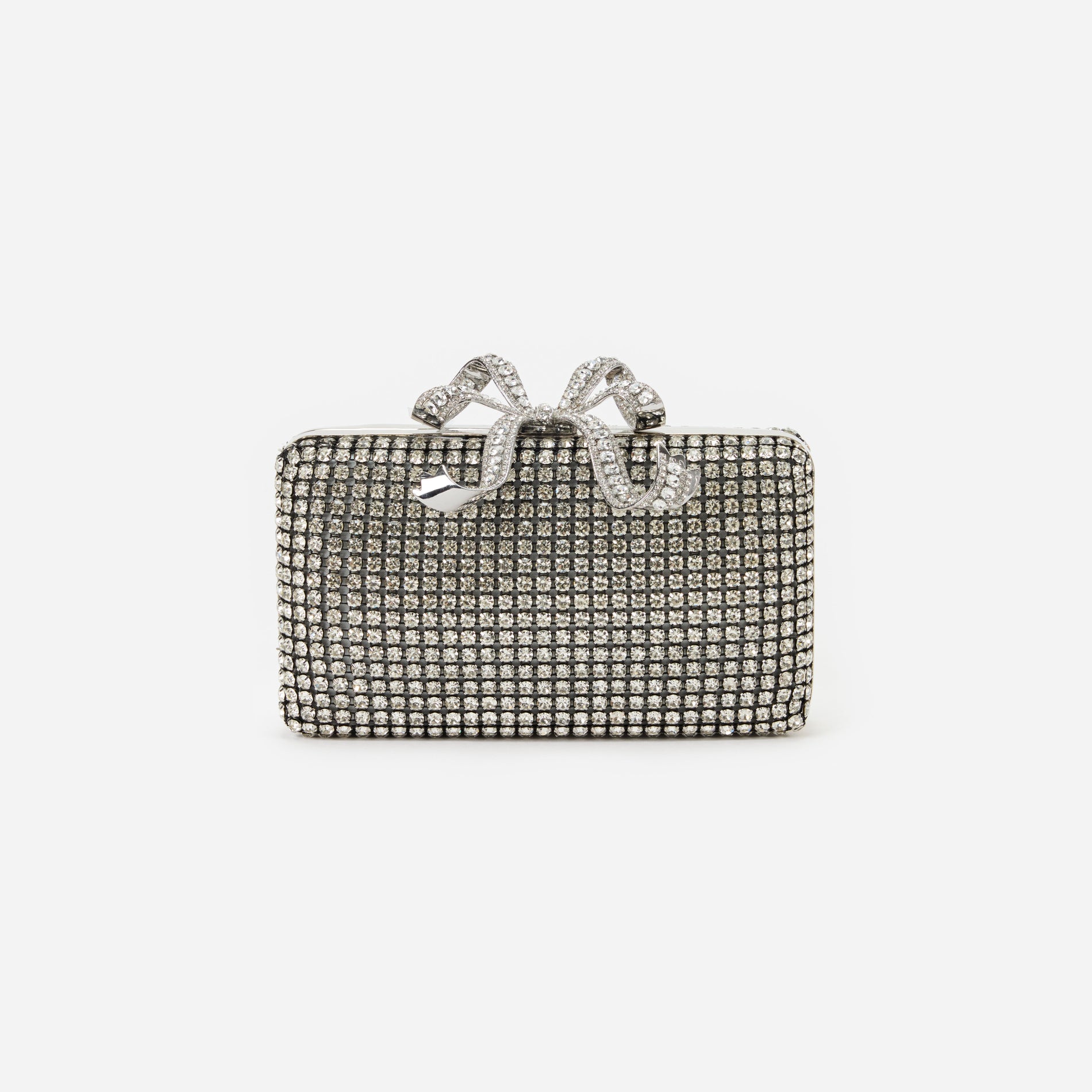 Front view of a woman wearing the Silver Crystal Box Clutch