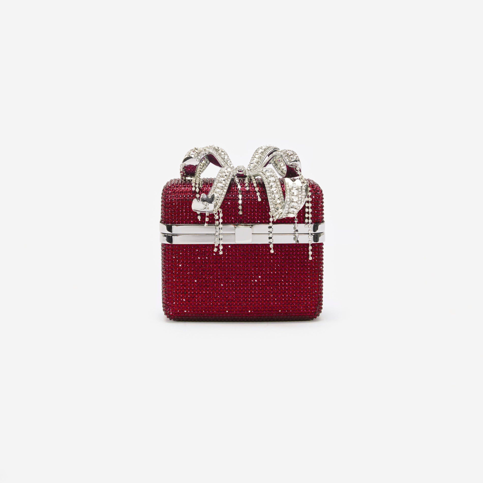 Front view of a woman wearing the Burgundy Crystal Vanity Case