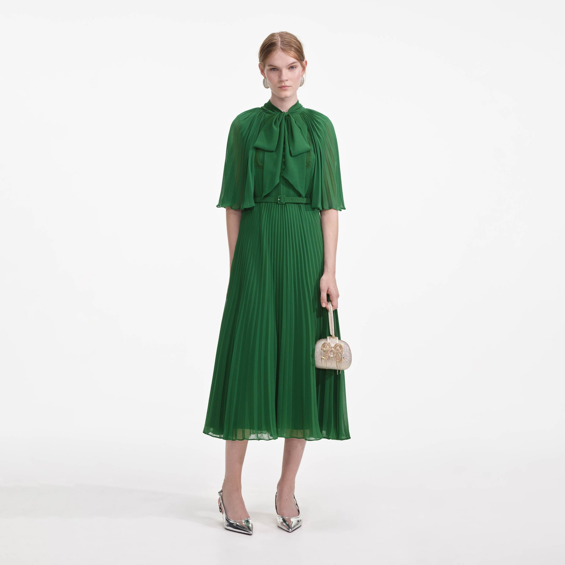 Front view of a woman wearing the Green Chiffon Cape Midi Dress