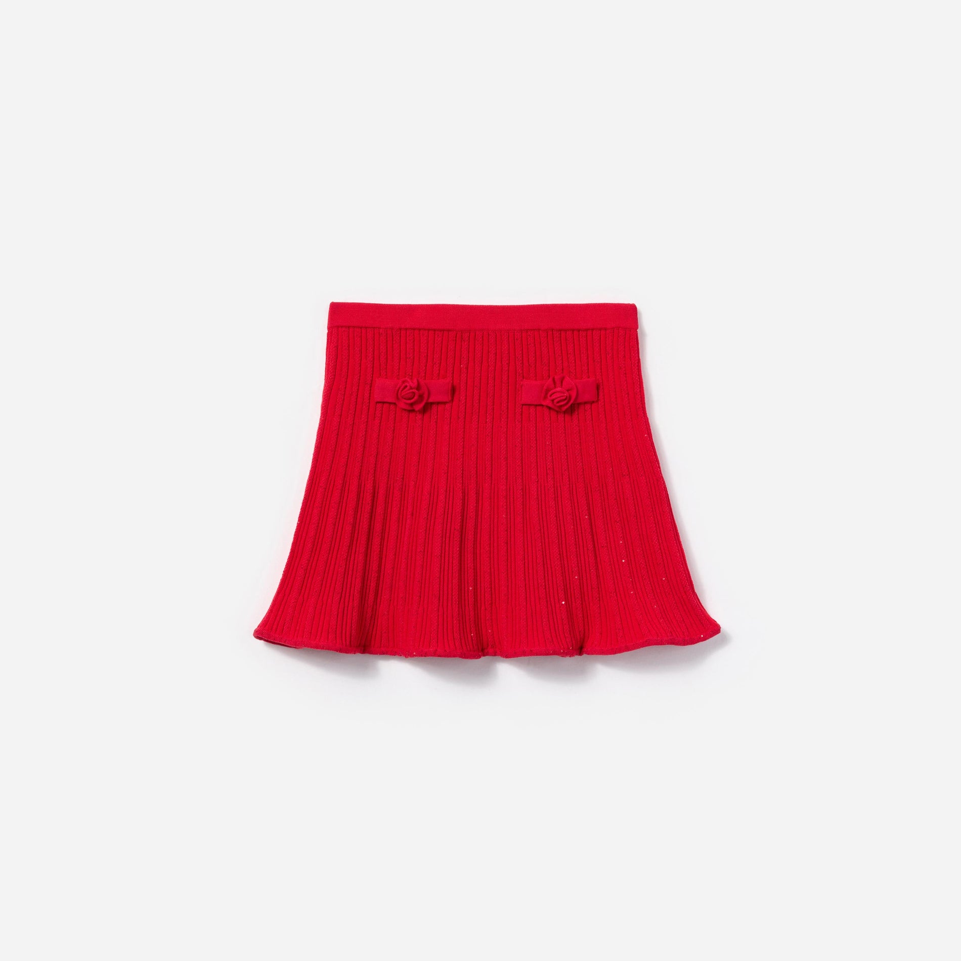 Front view of a woman wearing the Red Ribbed Knit Skirt