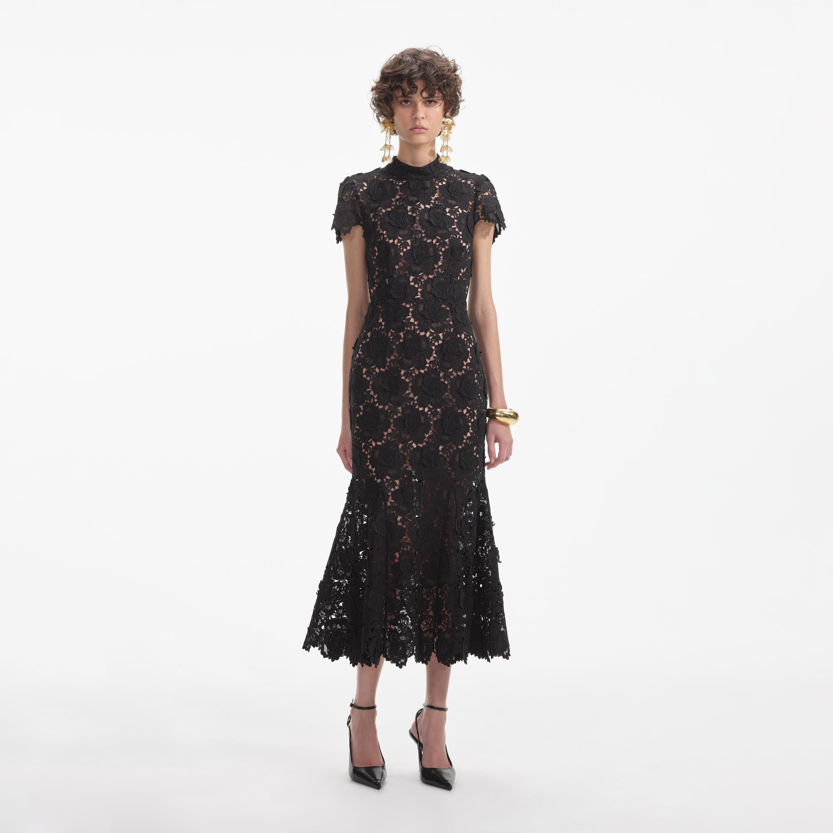 Black Flower Lace Midi Dress