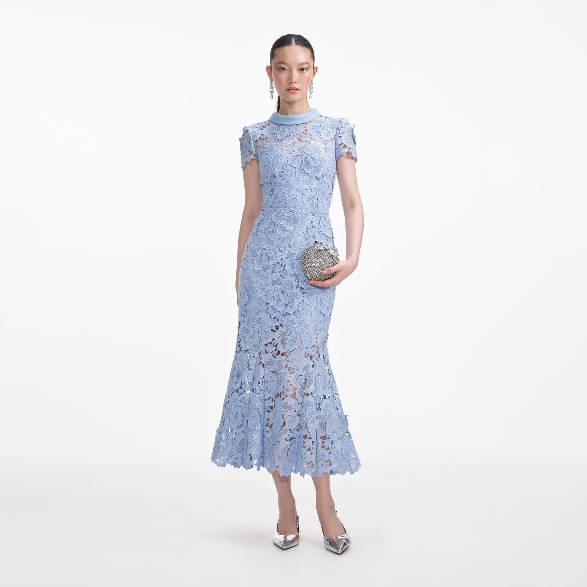 Front view of a woman wearing the Blue Flower Lace Contrast Collar Midi Dress