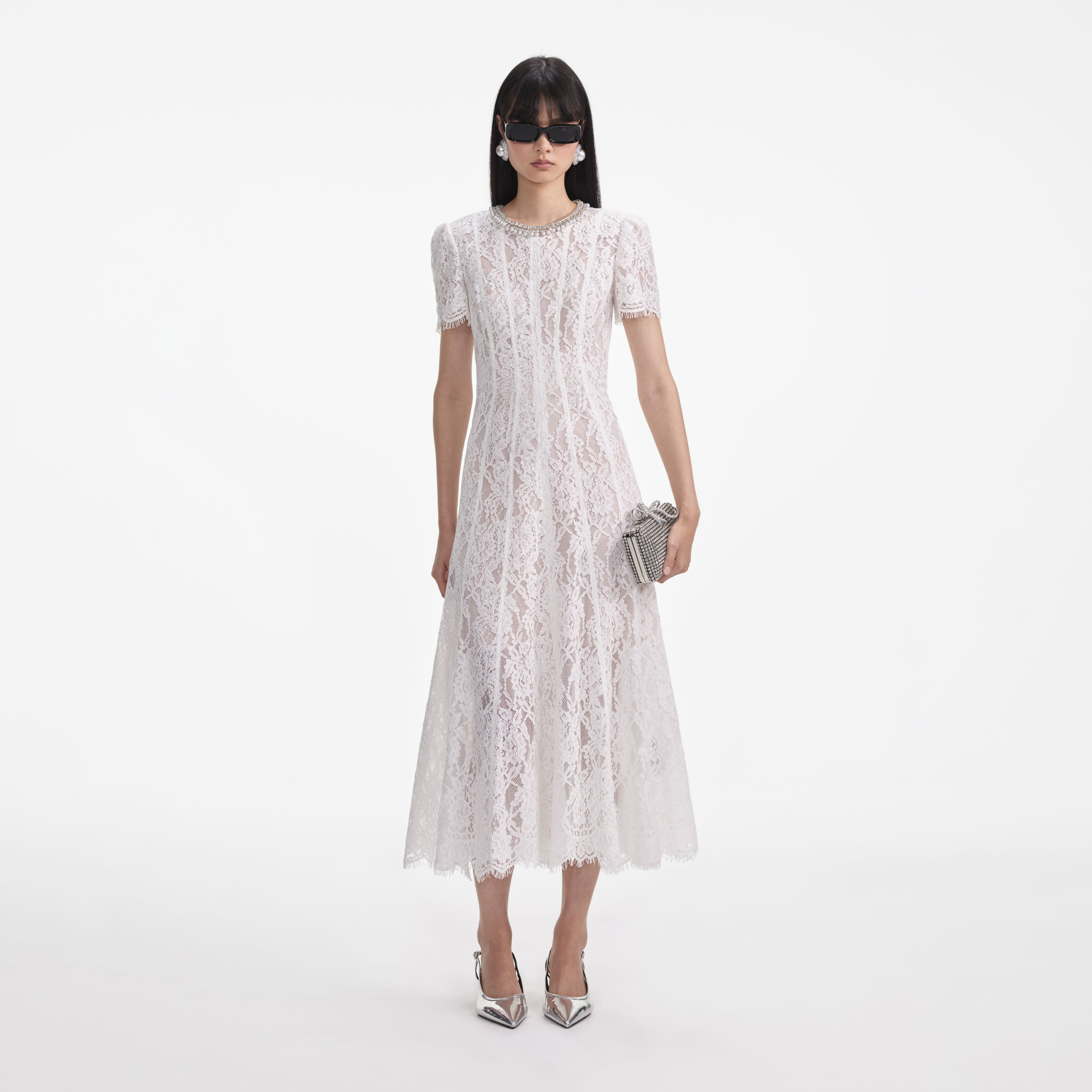 White Sequin Lace Embellished Midi Dress