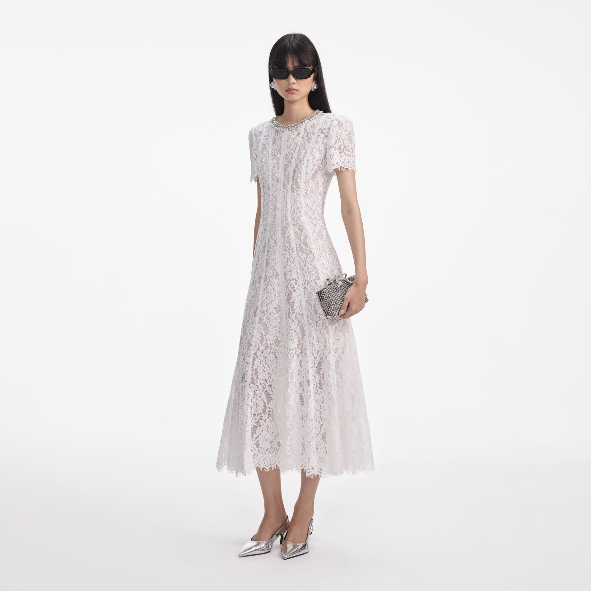 White Sequin Lace Embellished Midi Dress