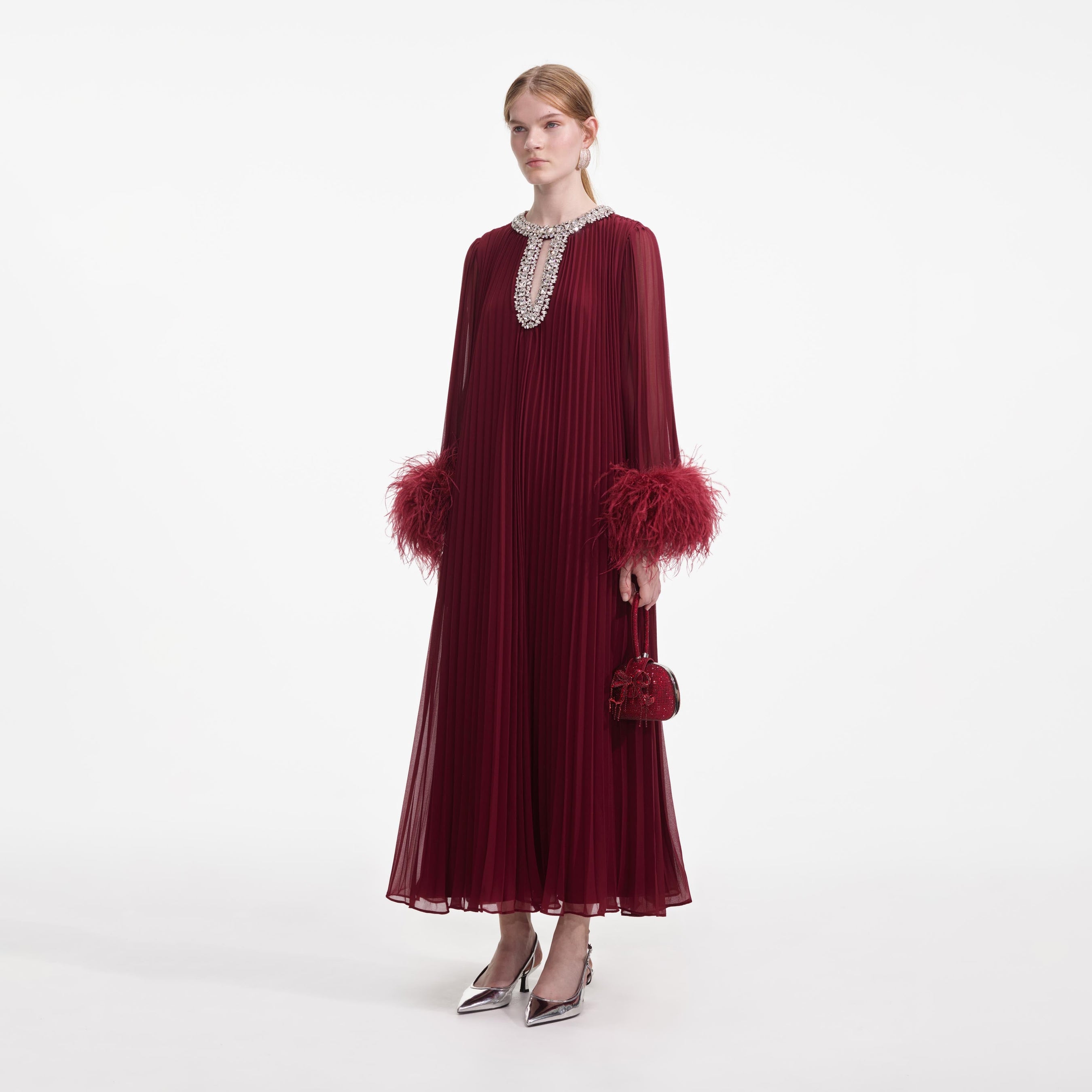 Burgundy Chiffon Feather Midi Dress