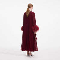 Burgundy Chiffon Feather Midi Dress