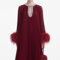 Burgundy Chiffon Feather Midi Dress