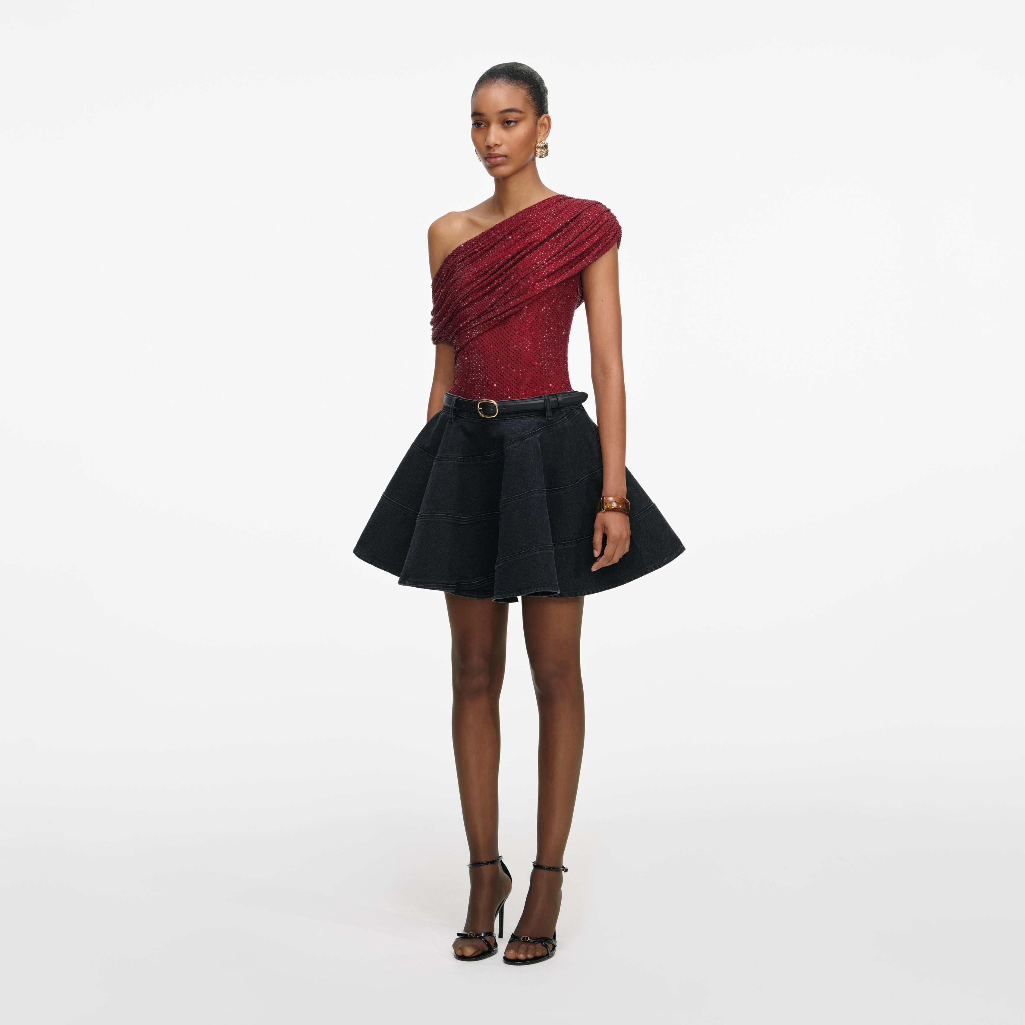 Black Flared Denim Mini Skirt