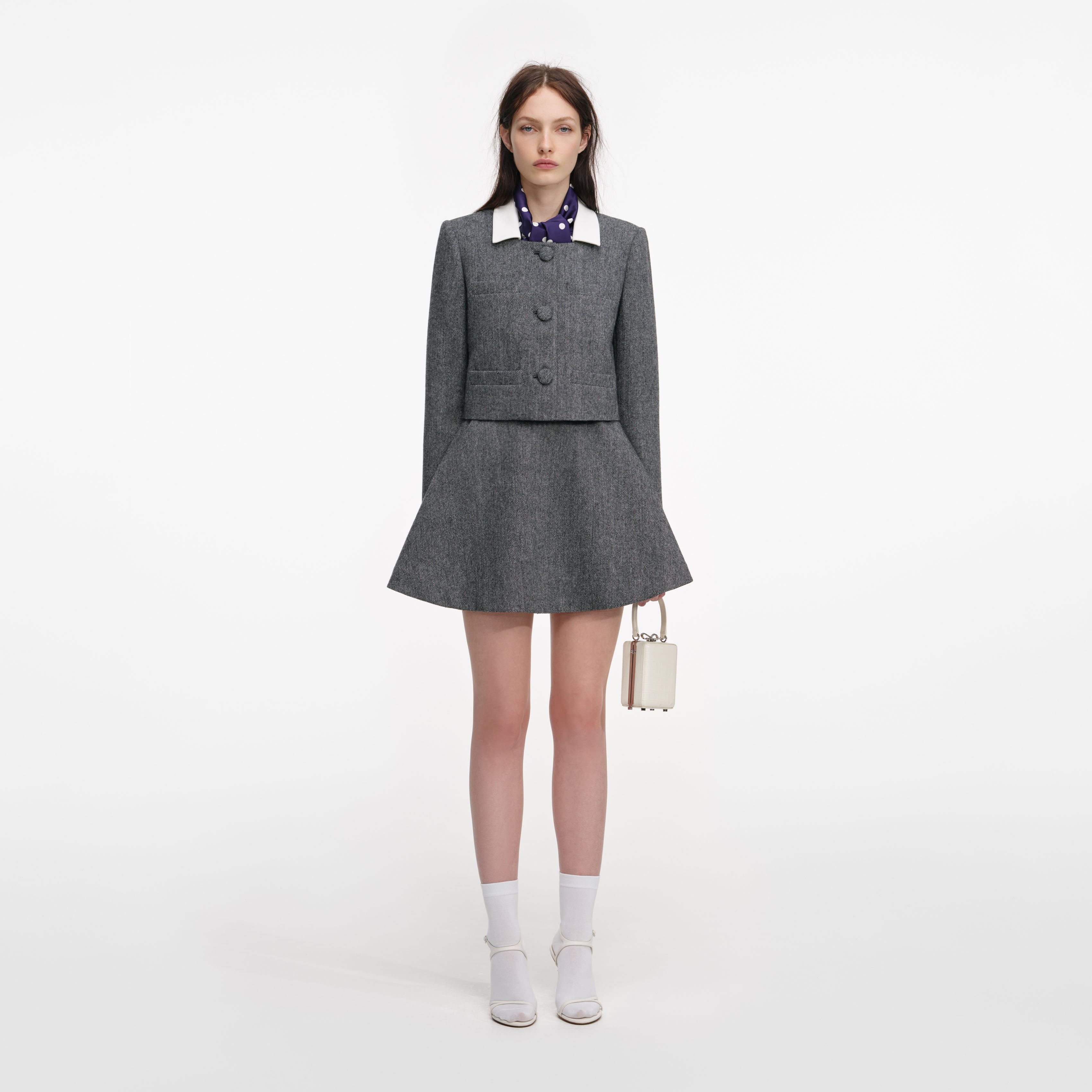 Grey Herringbone Scarf Detail Jacket