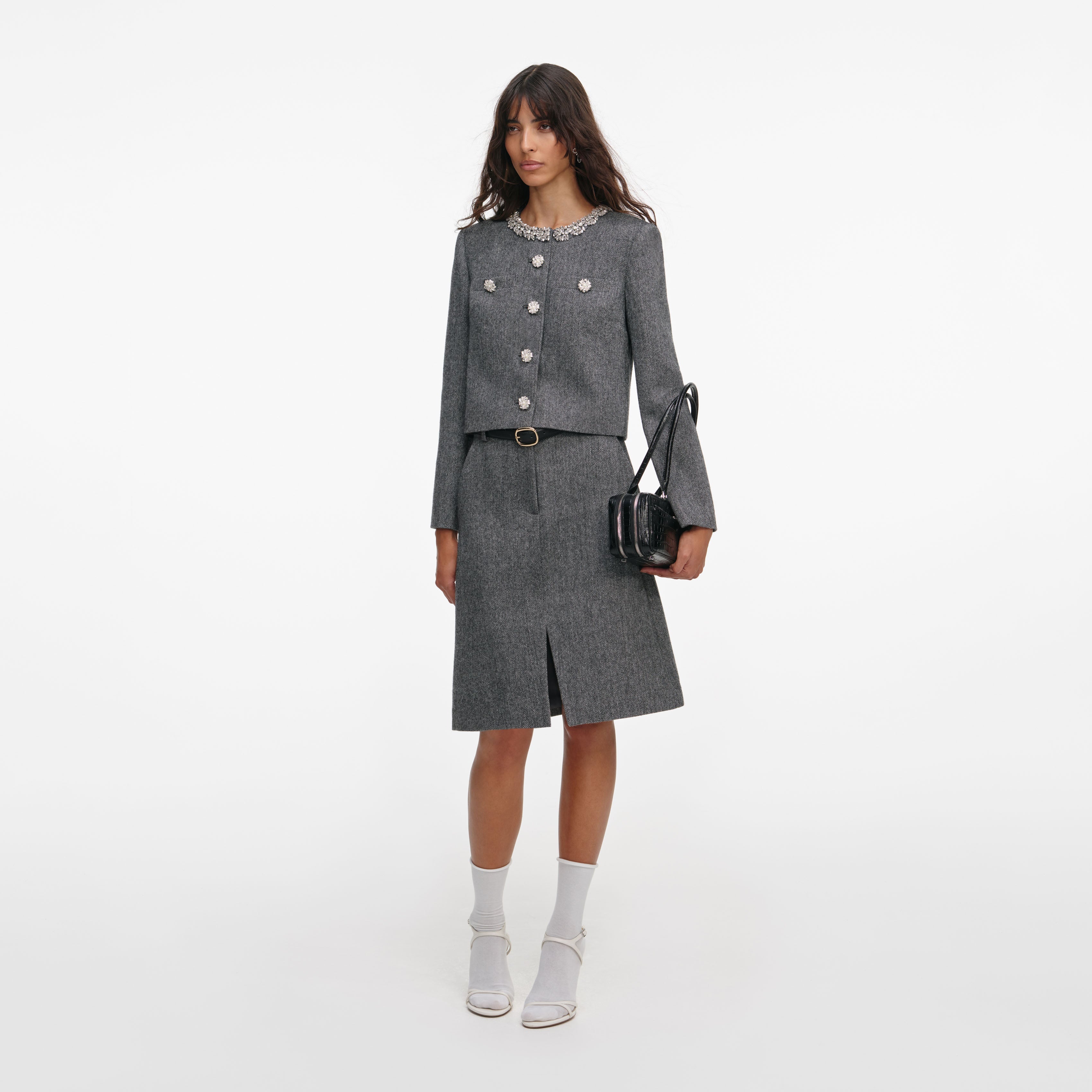 Grey Herringbone Crystal Trim Jacket