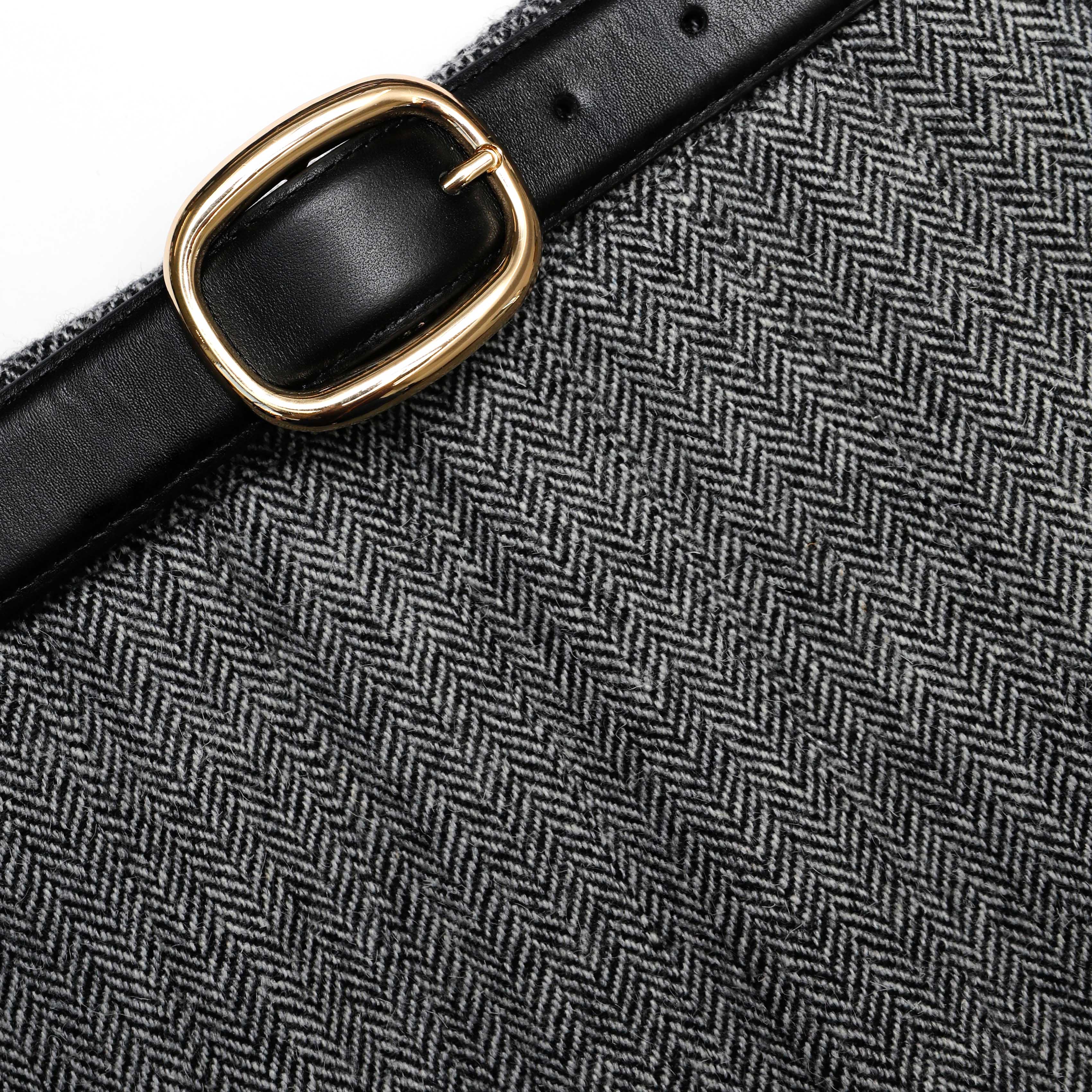 Grey Herringbone Pleated Midi Skirt