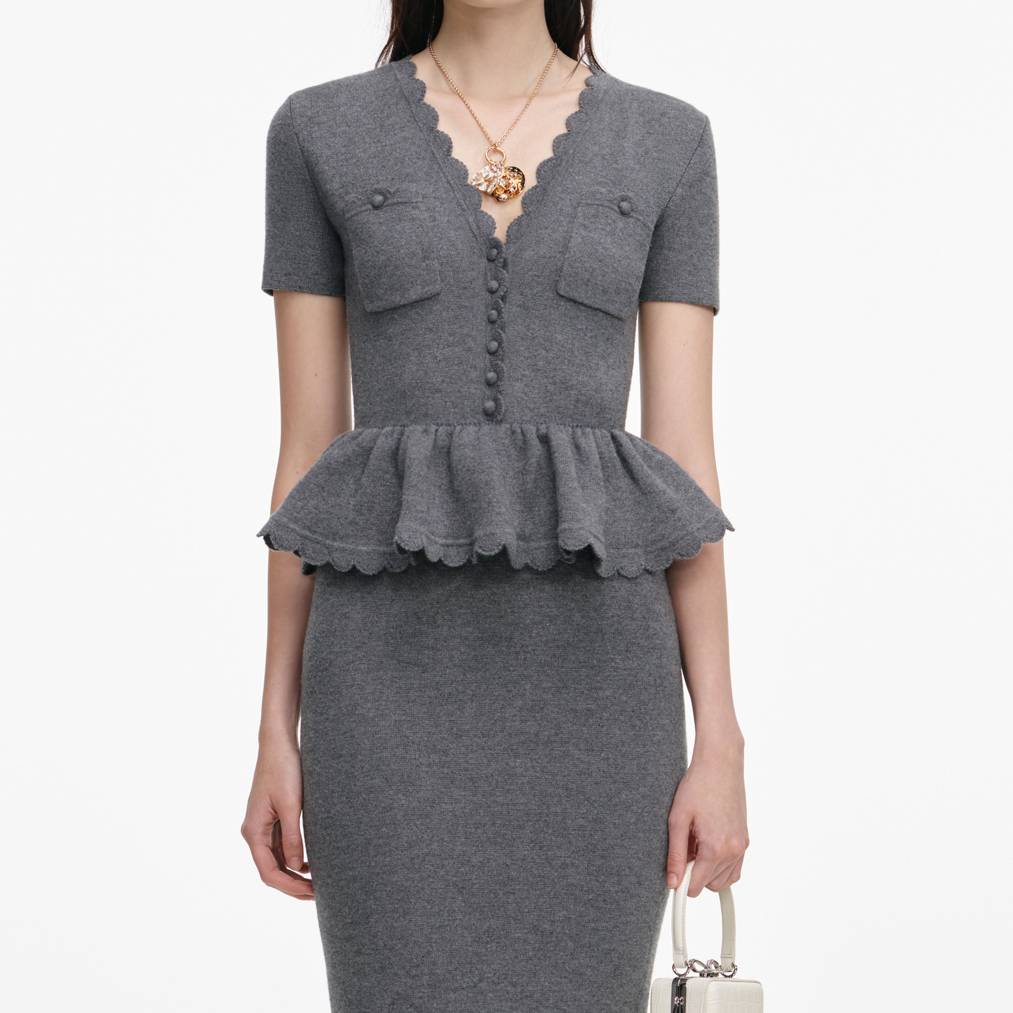 Grey Peplum Knit Midi Dress