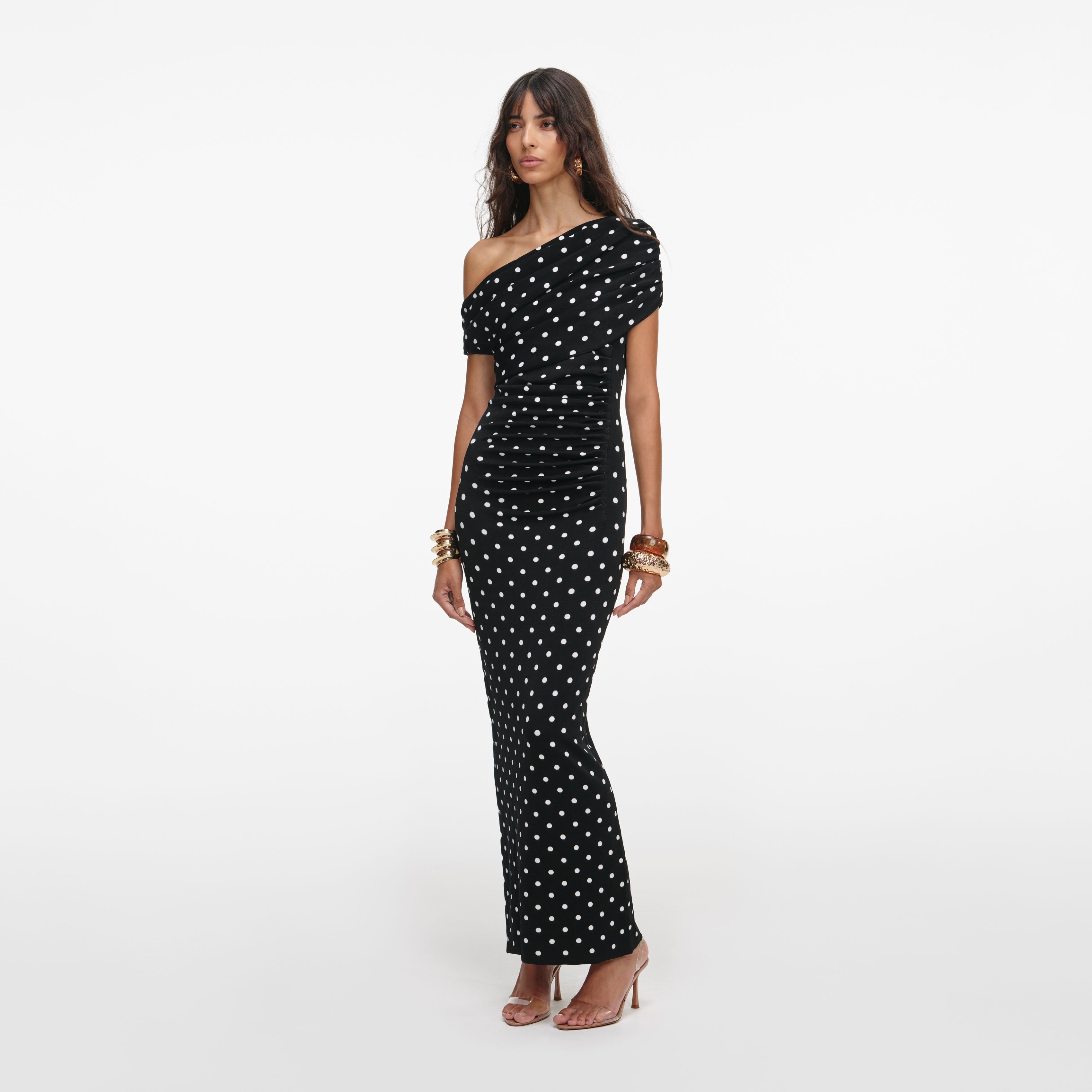 Polka Dot Draped Knit Midi Dress