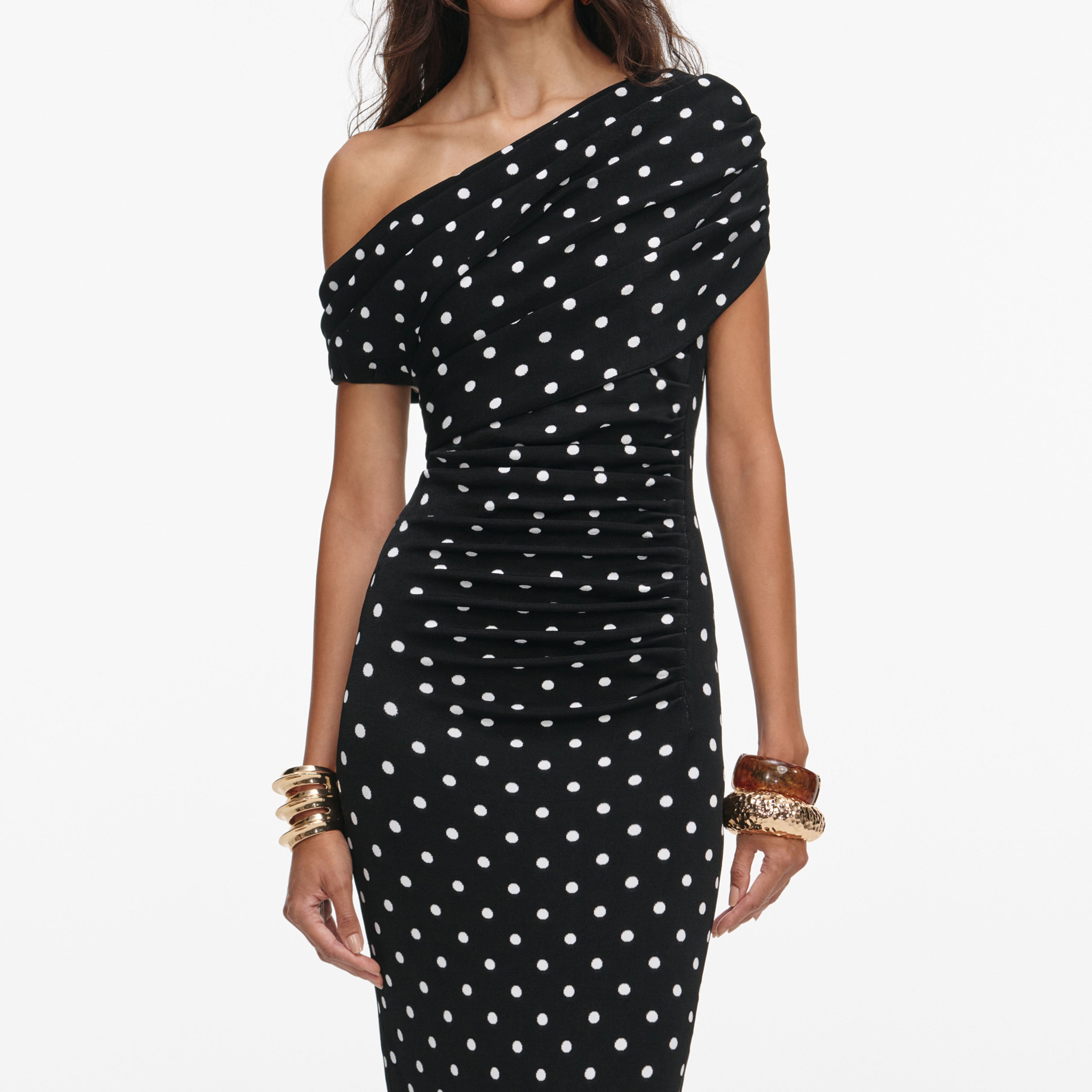 Polka Dot Draped Knit Midi Dress