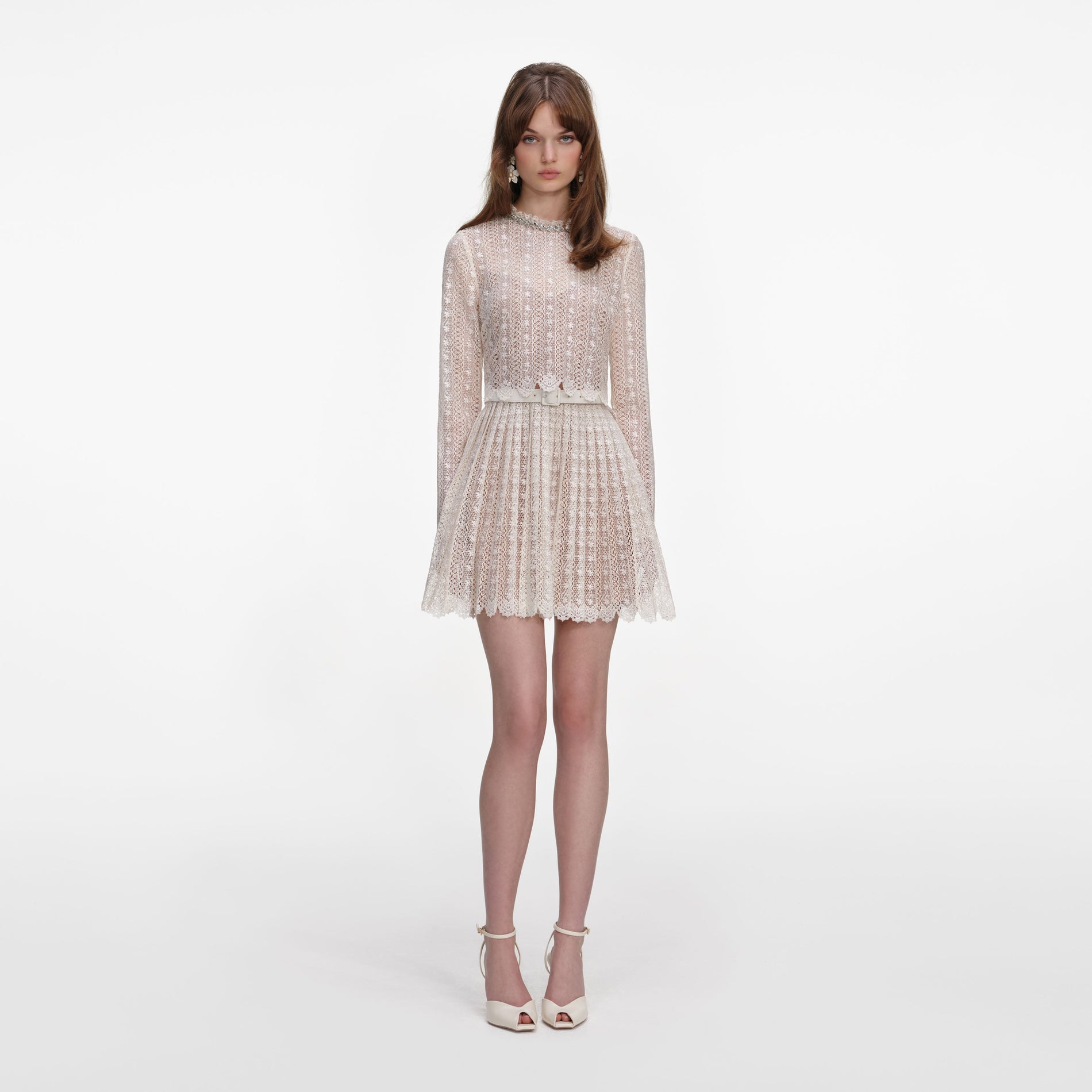 Front view of a woman wearing the Cream Organza Lace Mini Dress