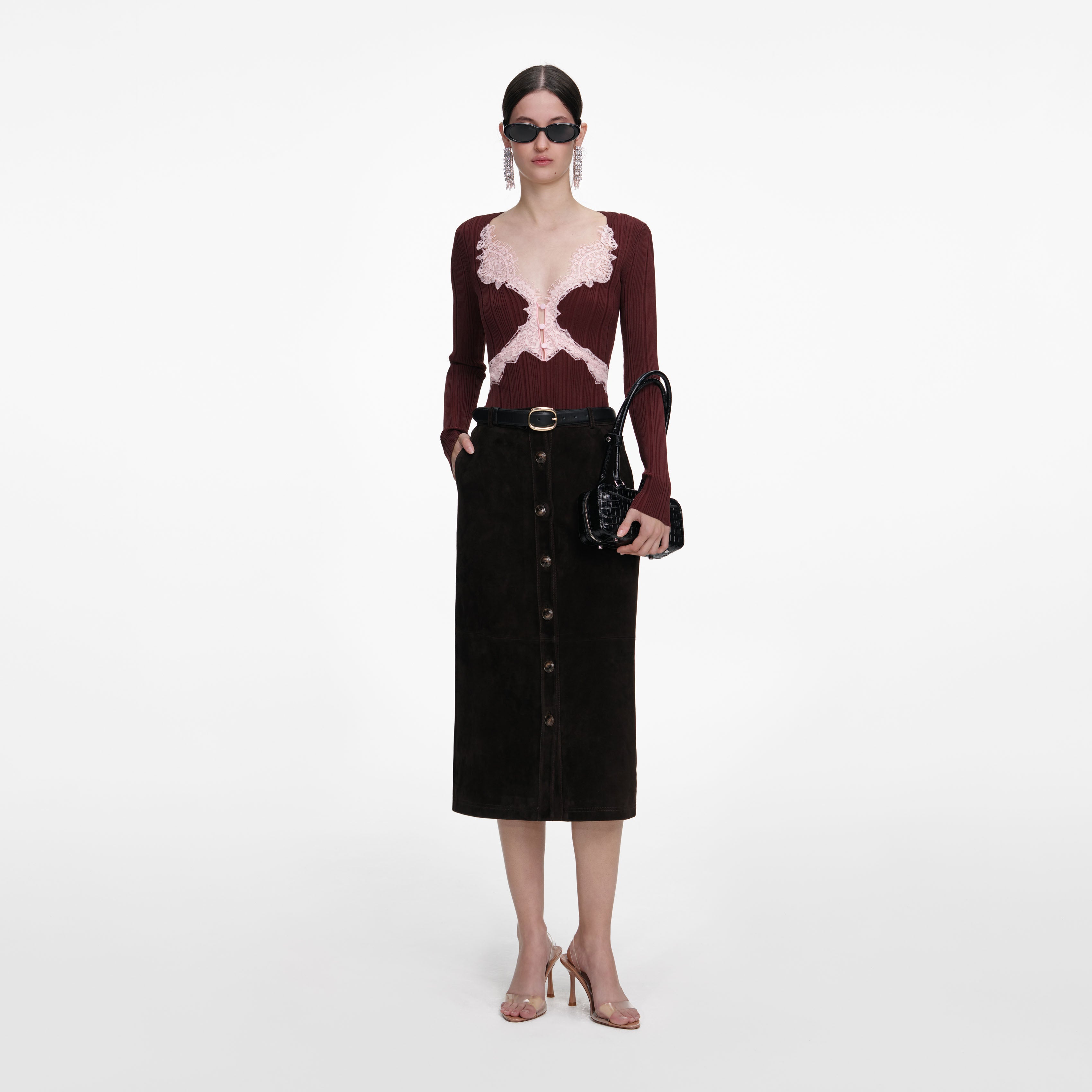 Brown Contrast Lace Knit Top