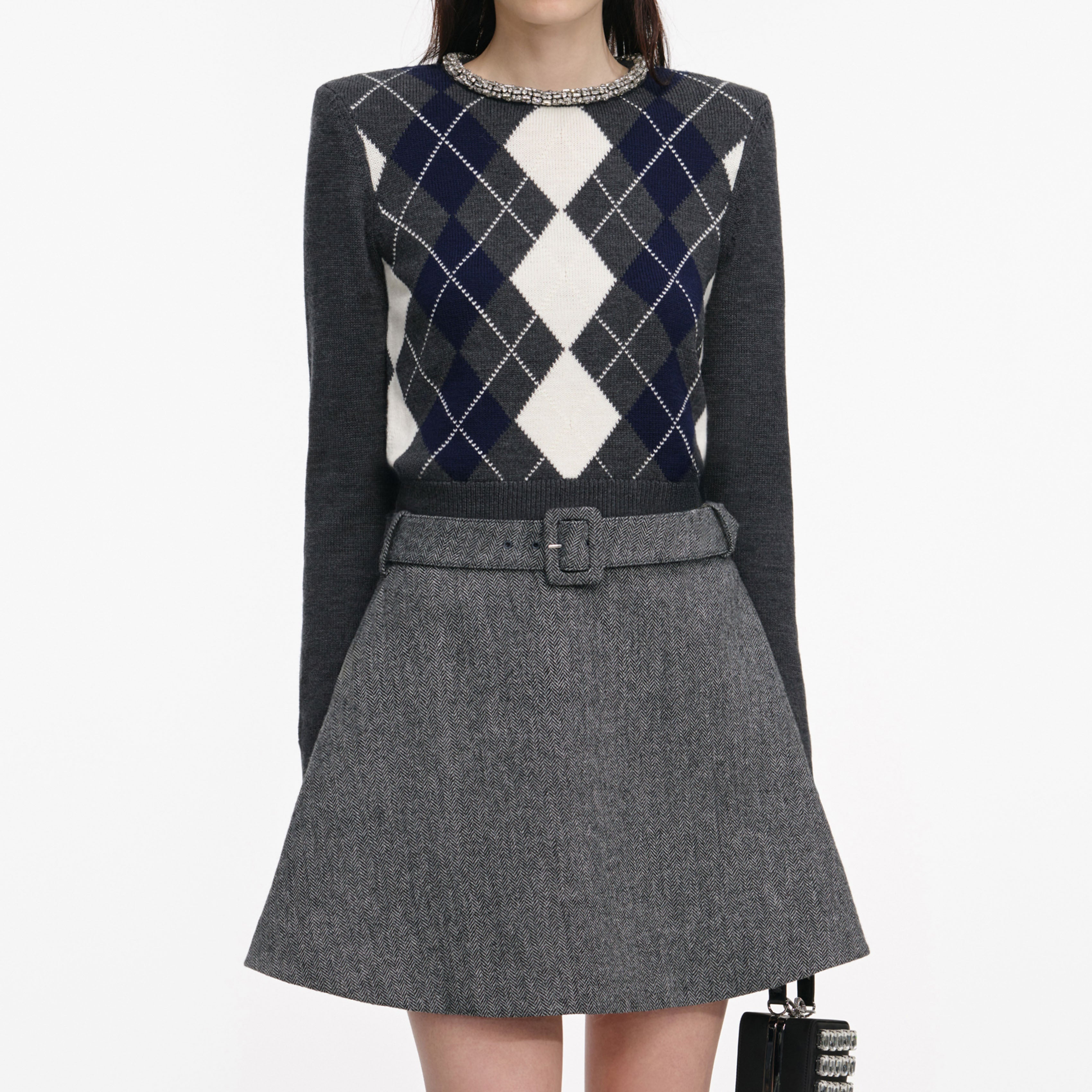 Grey Herringbone Flared Mini Skirt