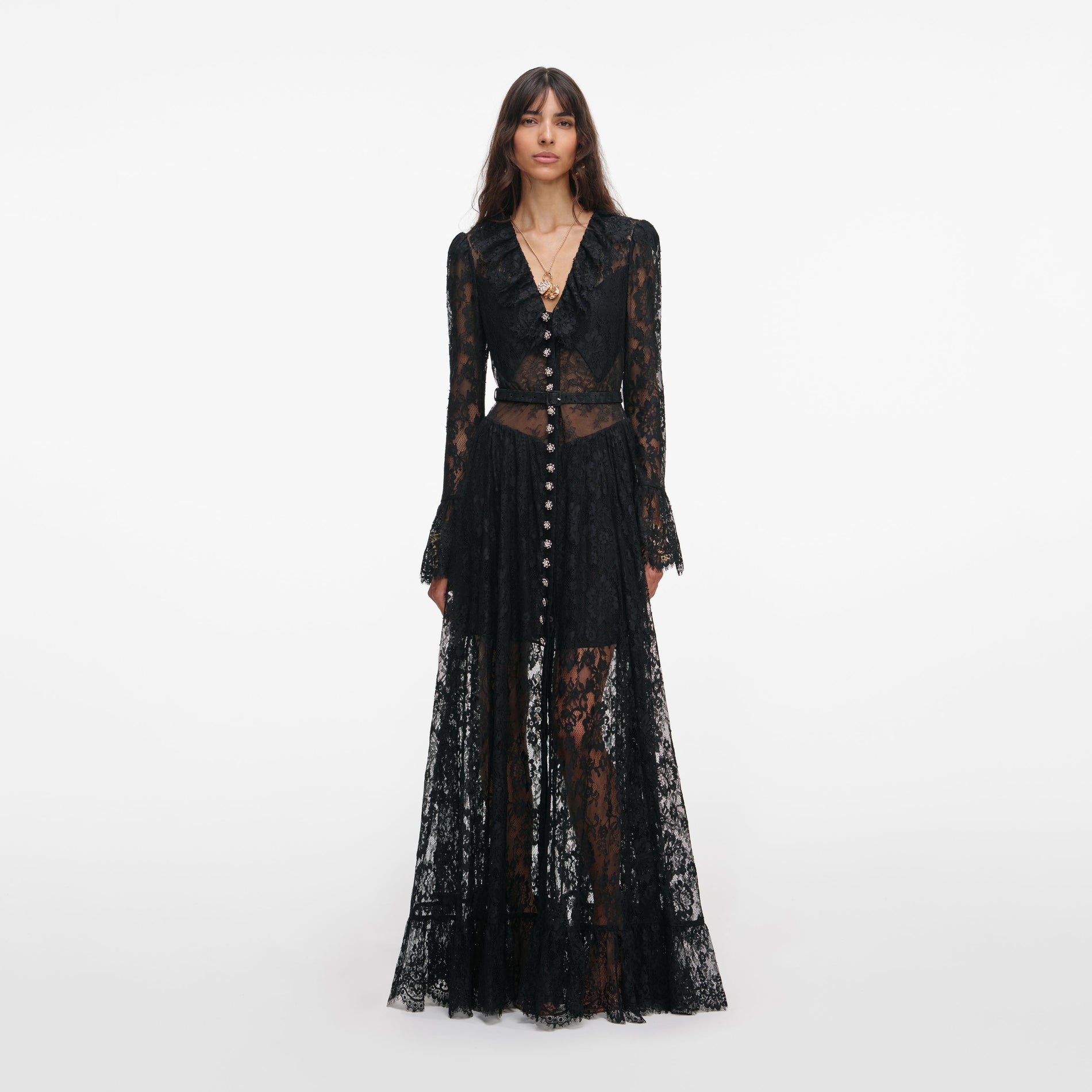 Front view of a woman wearing the Black Lace Ruffle Maxi Dress