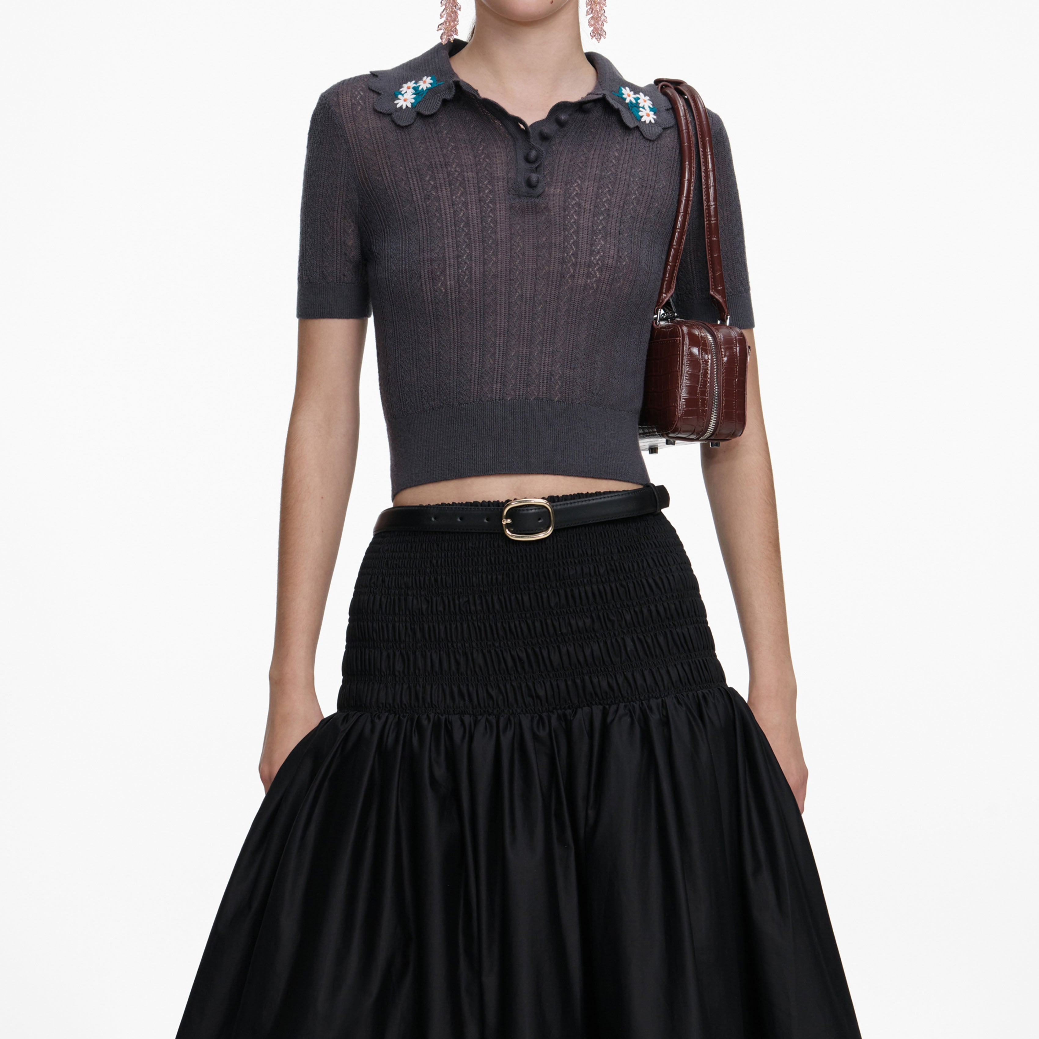 Grey Embroidered Pointelle Knit Top