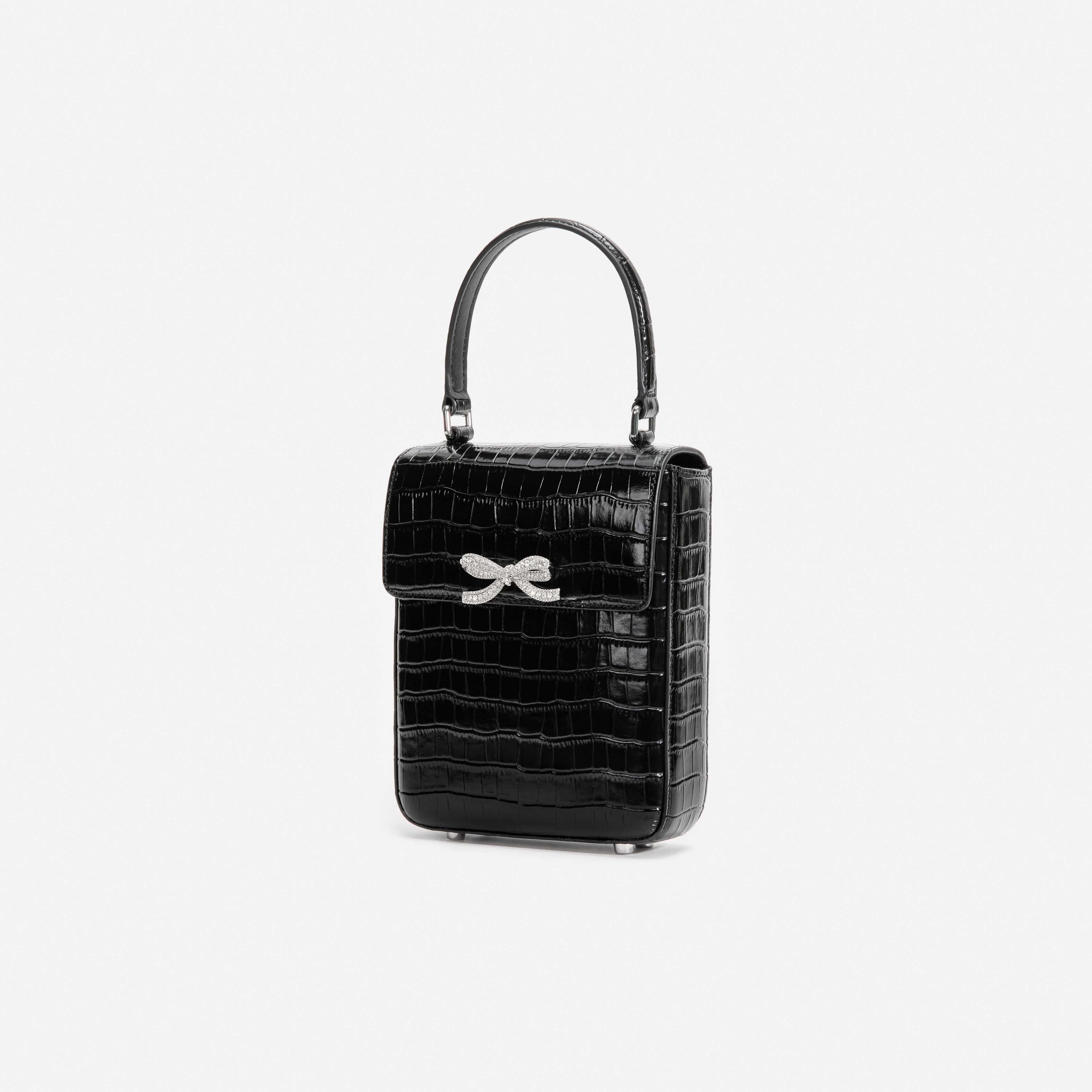 Black Croc Leather Structured Mini Bag