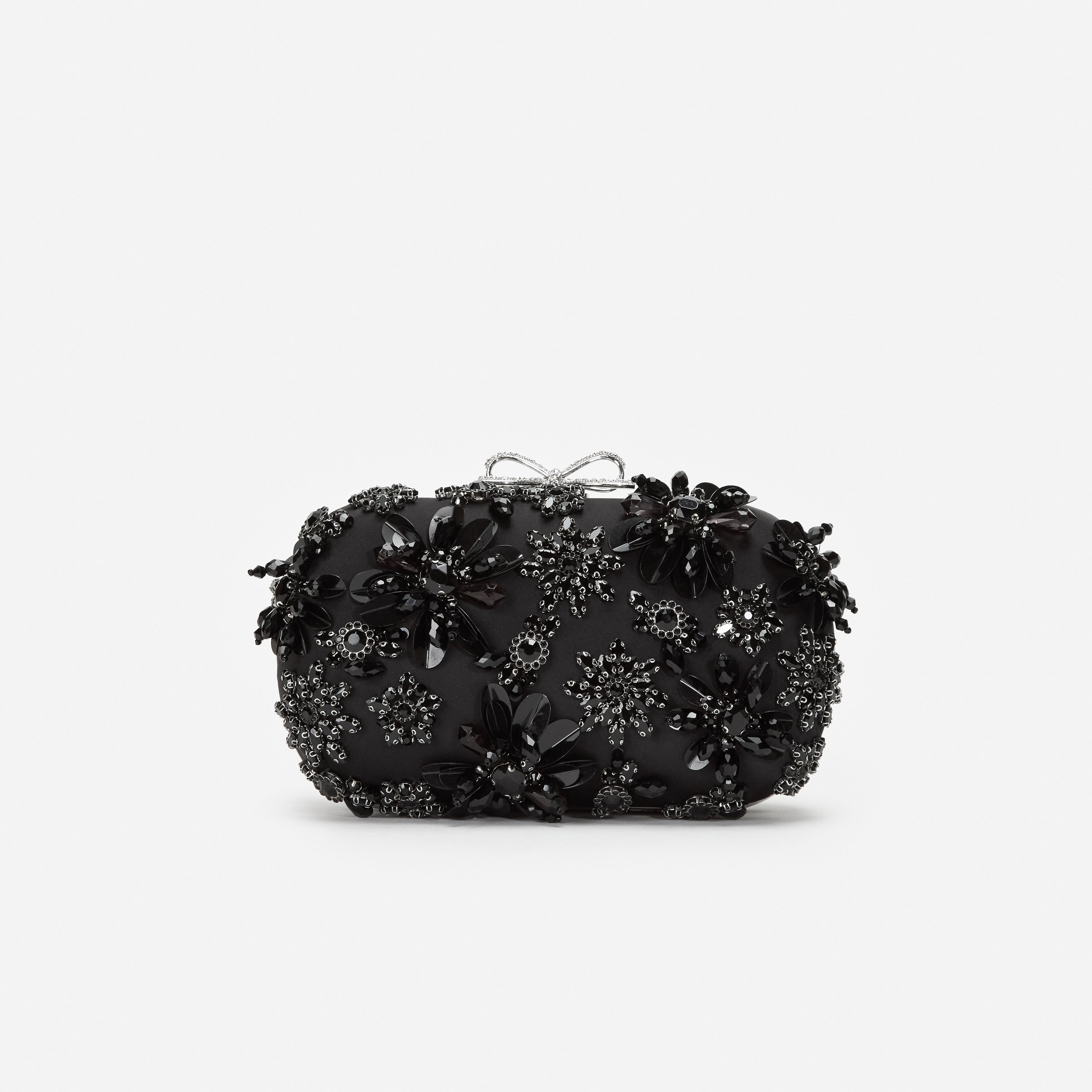 Black Satin Floral Crystal Clutch Bag