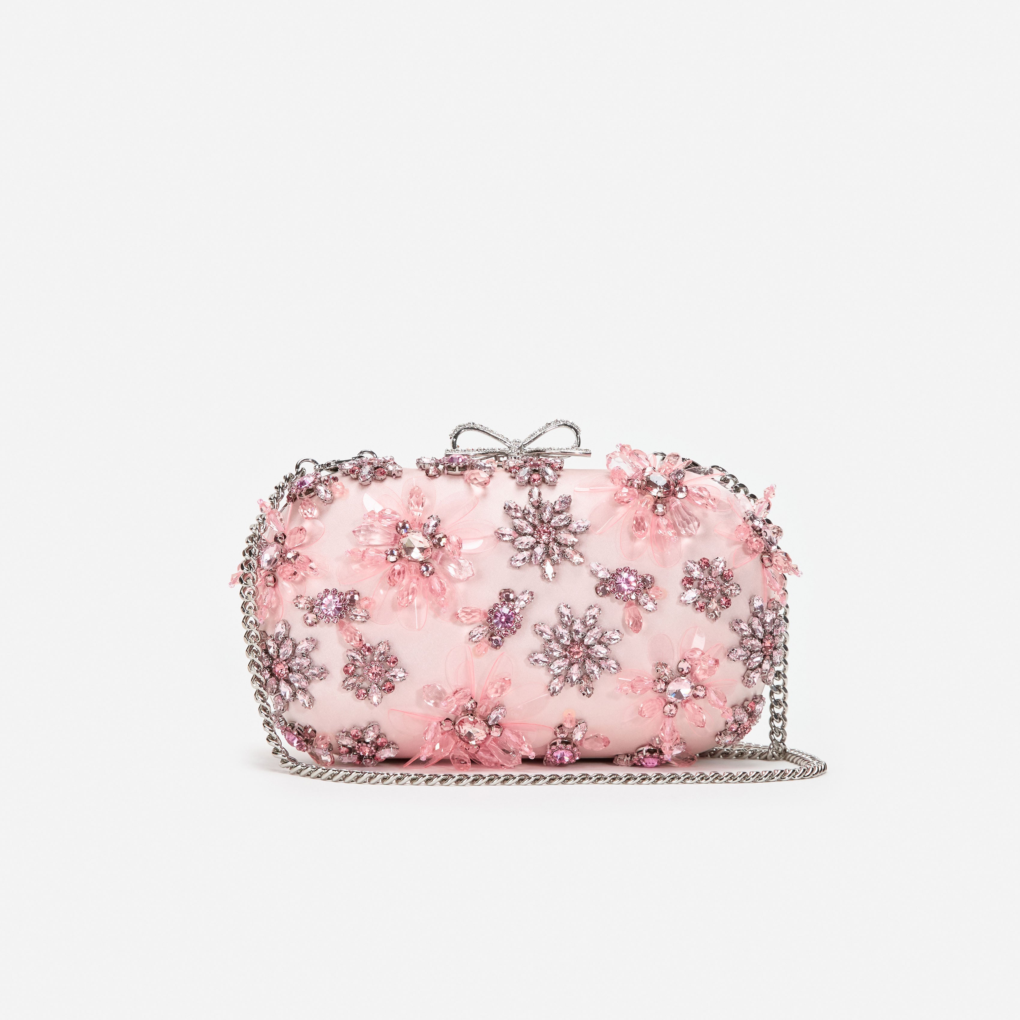 Pink Satin Floral Crystal Clutch