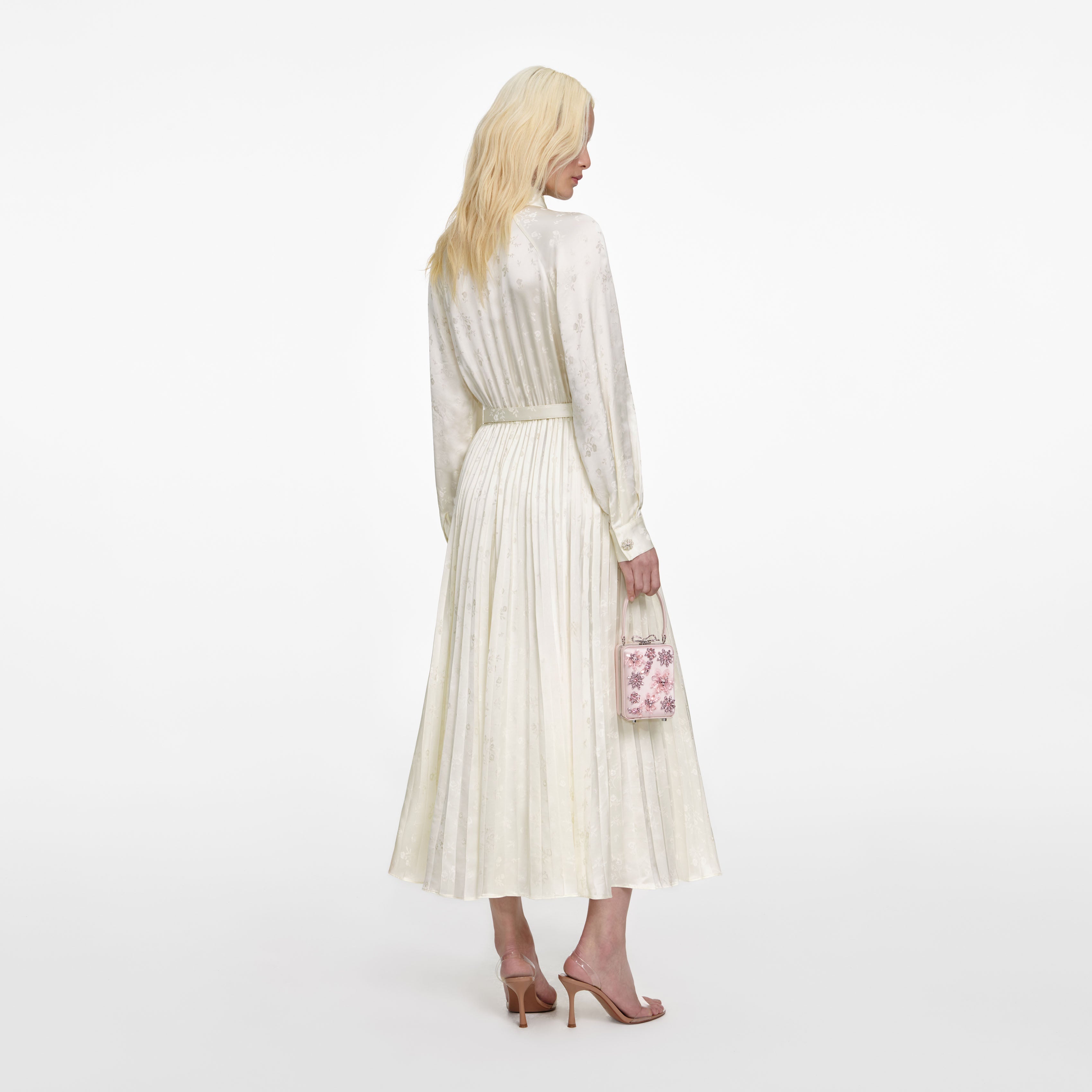 Cream Satin Jacquard Midi Dress