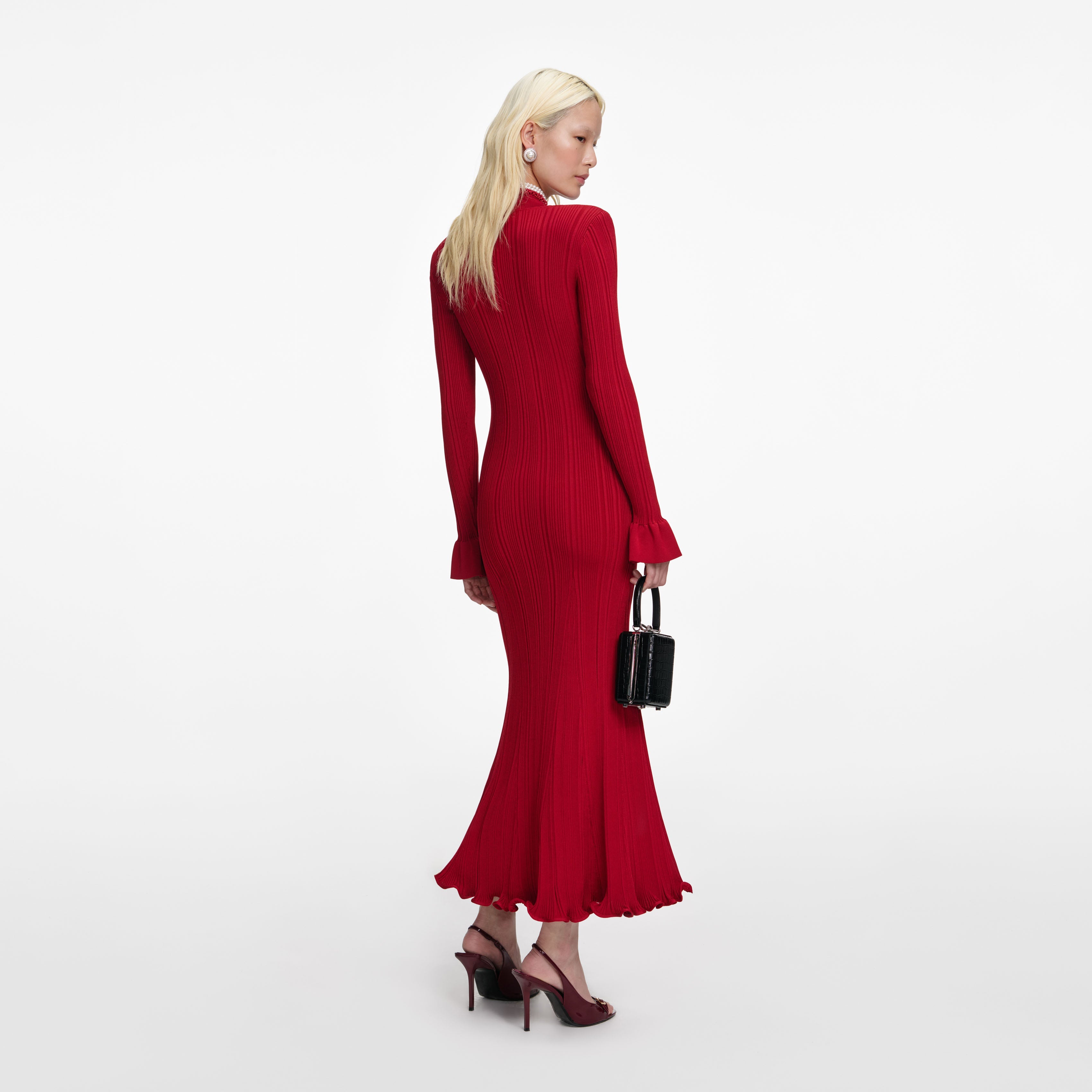 Red Pearl Trim Knit Midi Dress