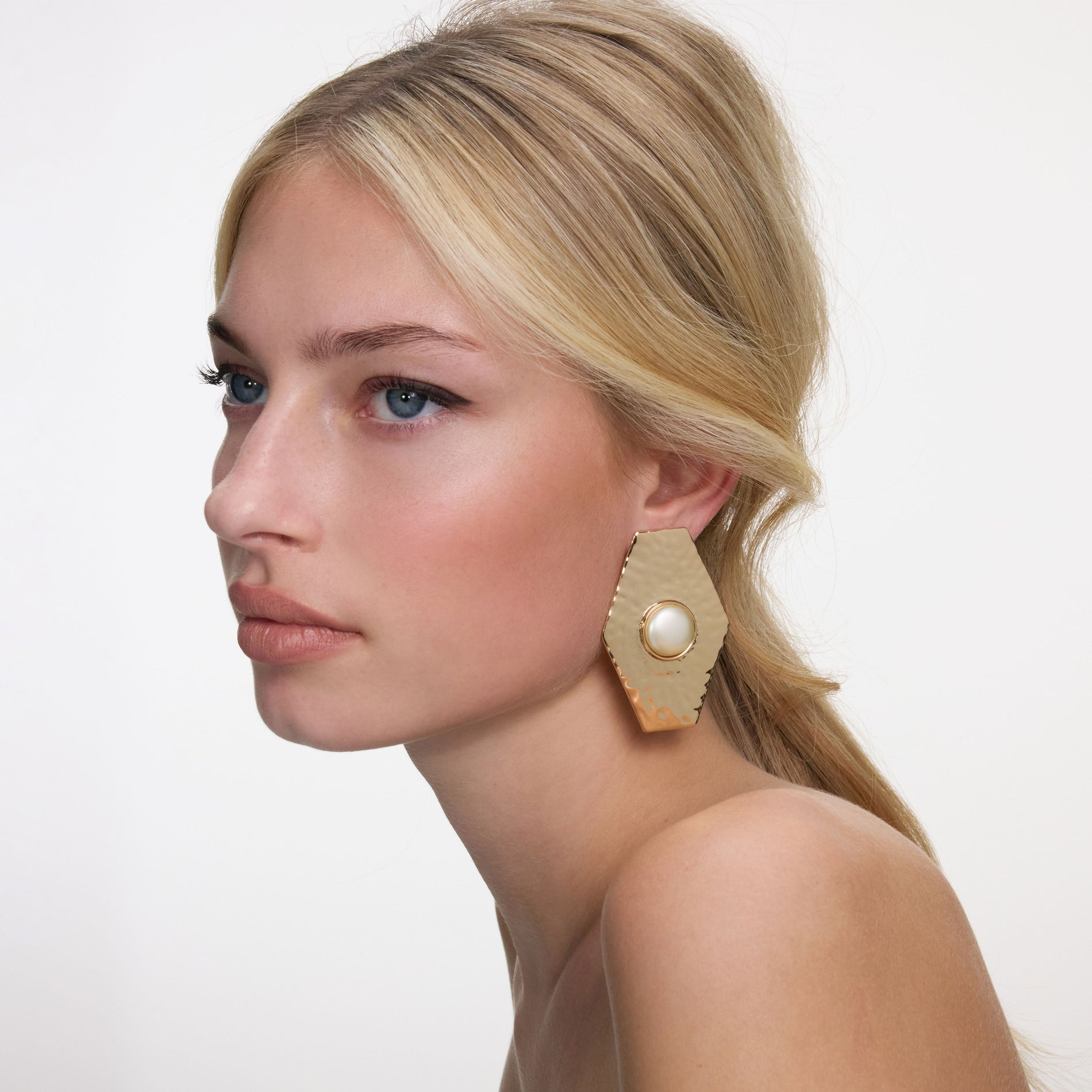 Large Hammered Gold Pearl Earrings