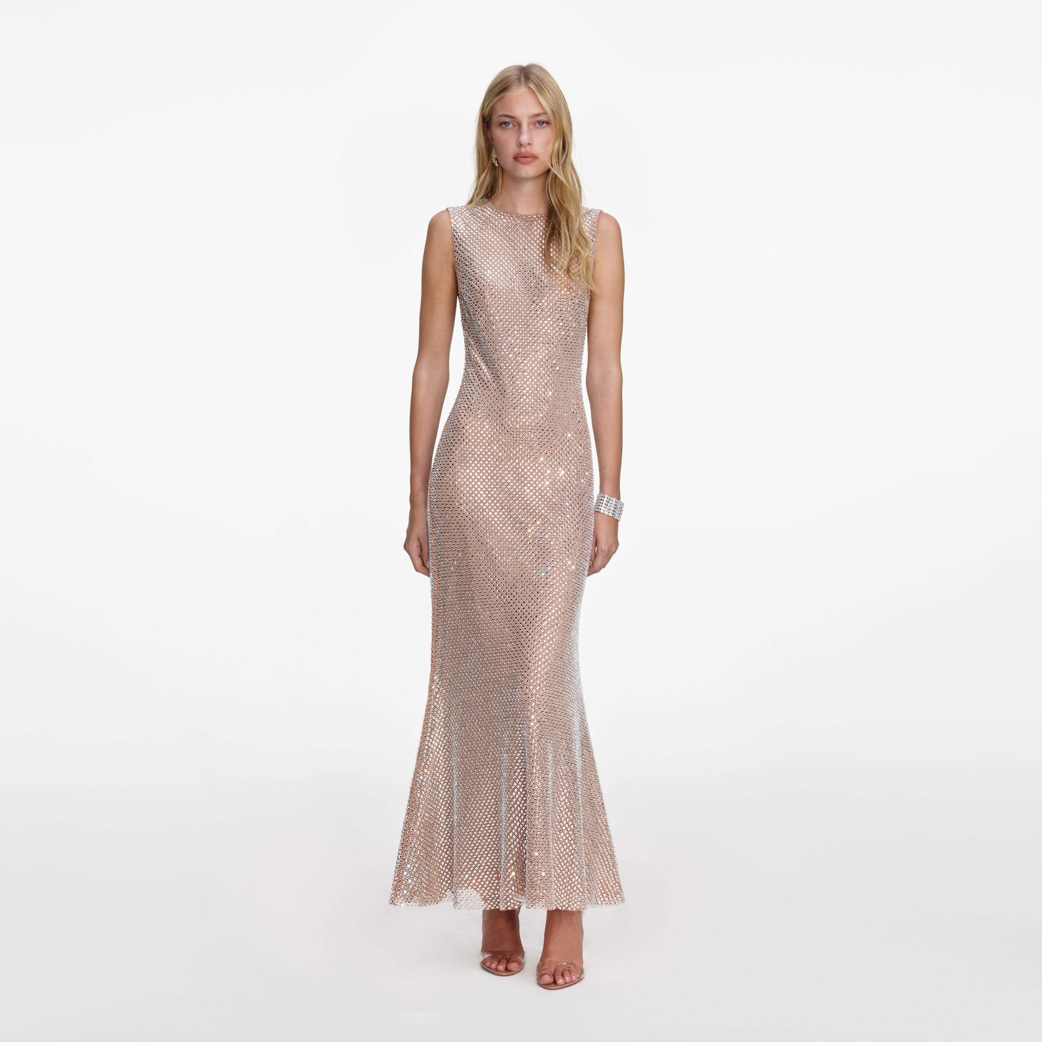 Silver Rhinestone Mesh Midi Dress