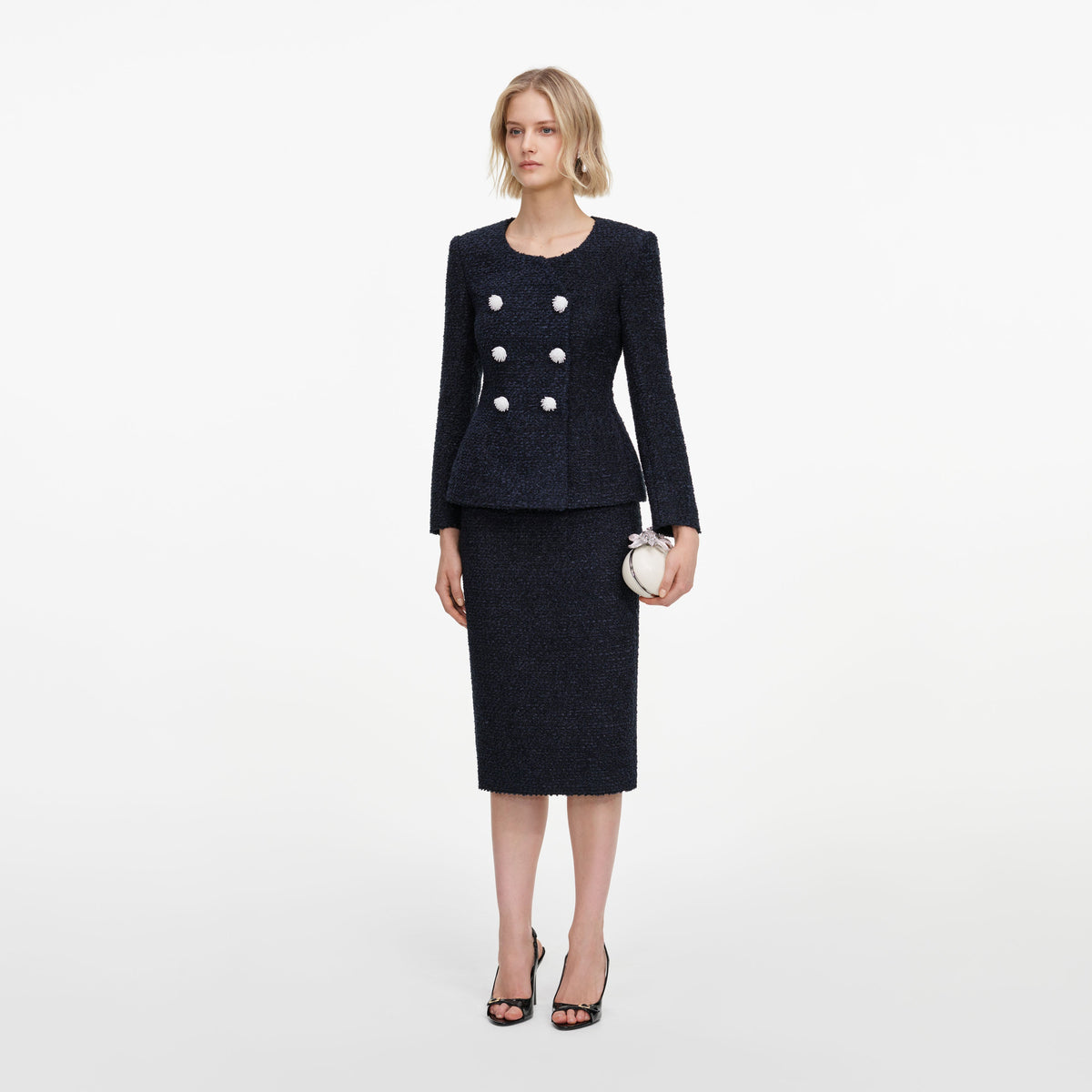 Navy Boucle Midi Dress