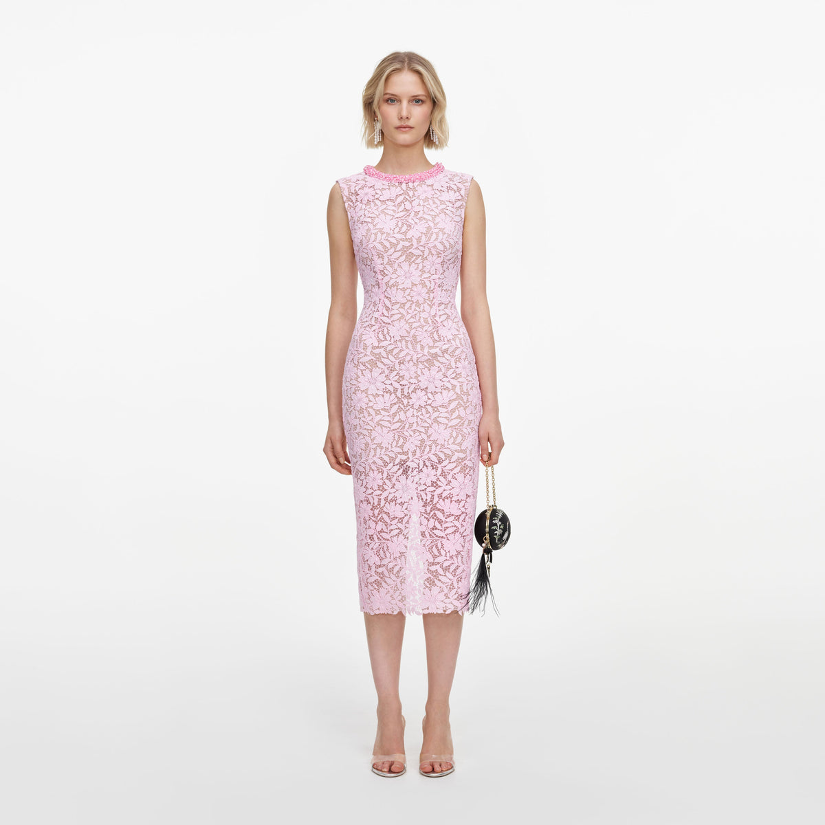 Pink Lace Beaded Trim Midi Dress