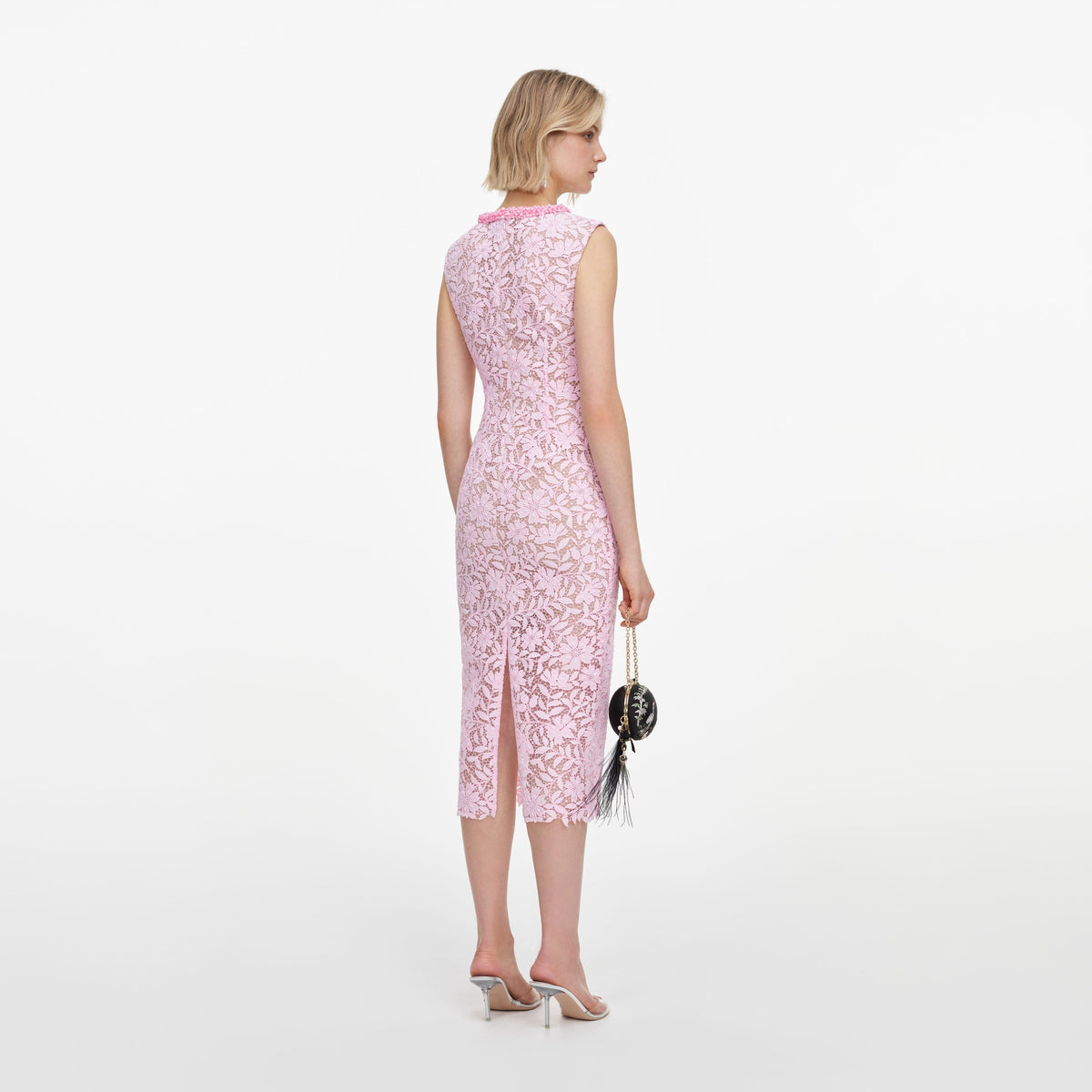 Pink Lace Beaded Trim Midi Dress