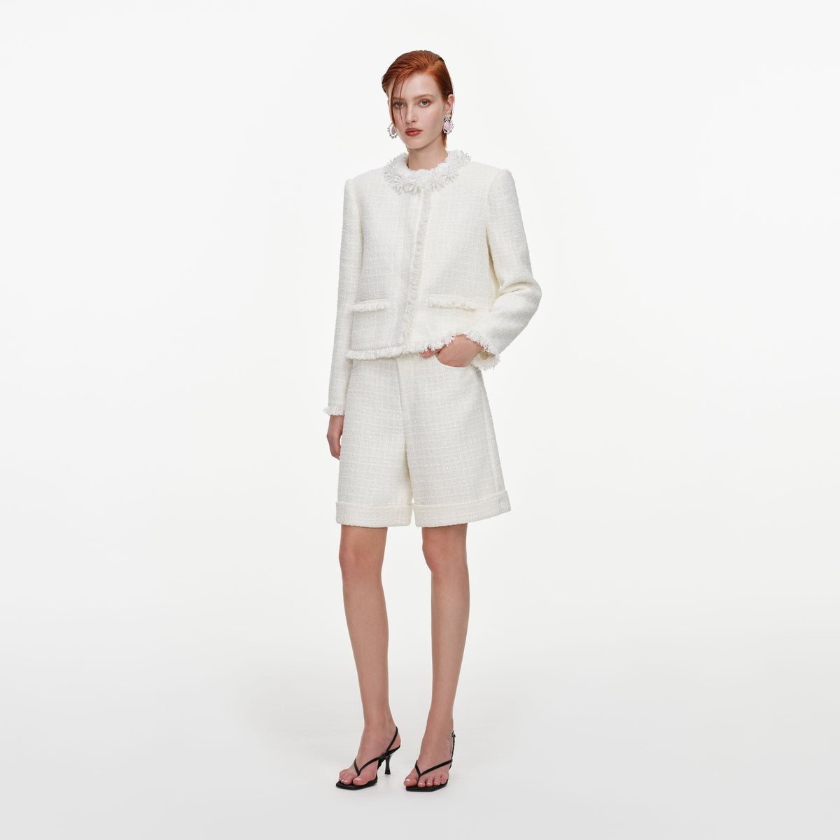 Cream Sequin Boucle Pearl Trim Jacket