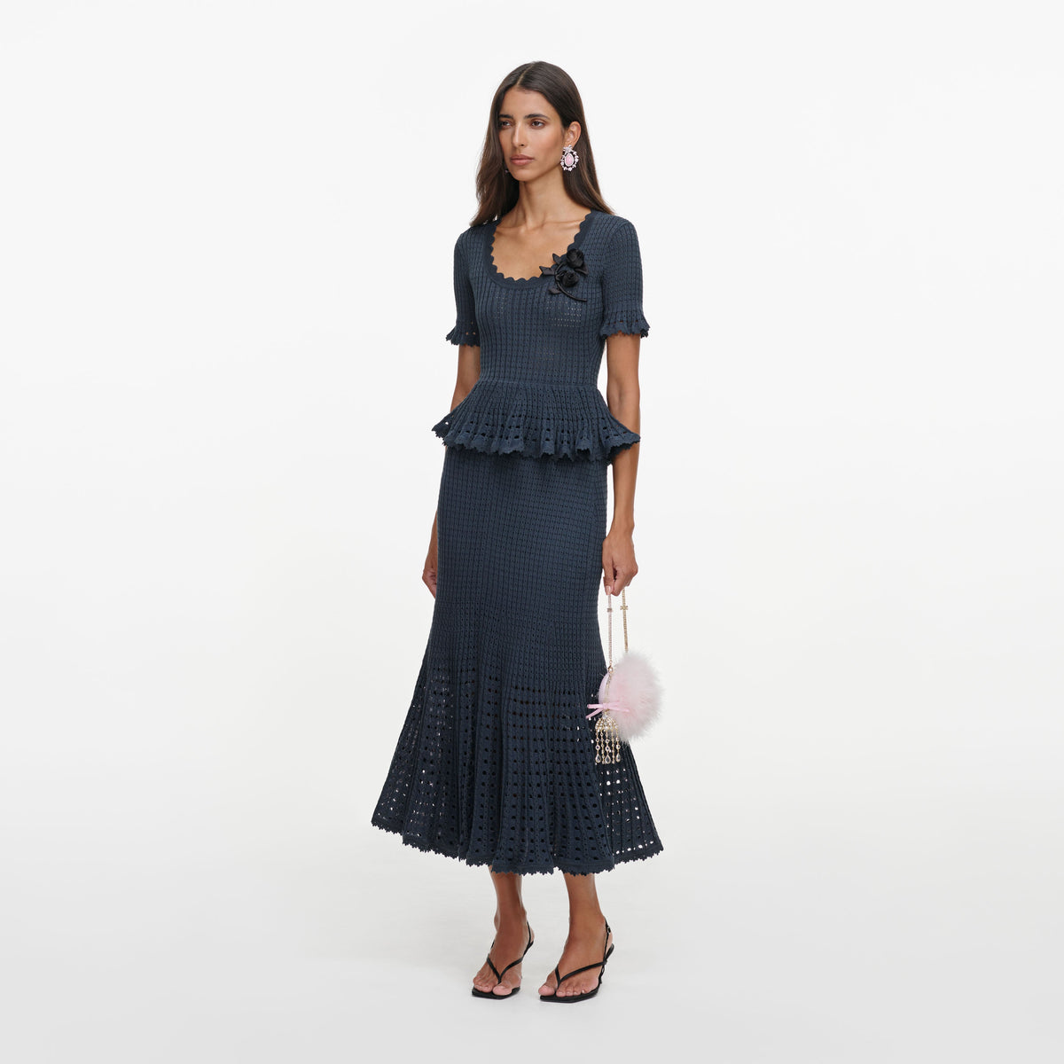 Grey Pointelle Peplum Knit Midi Dress