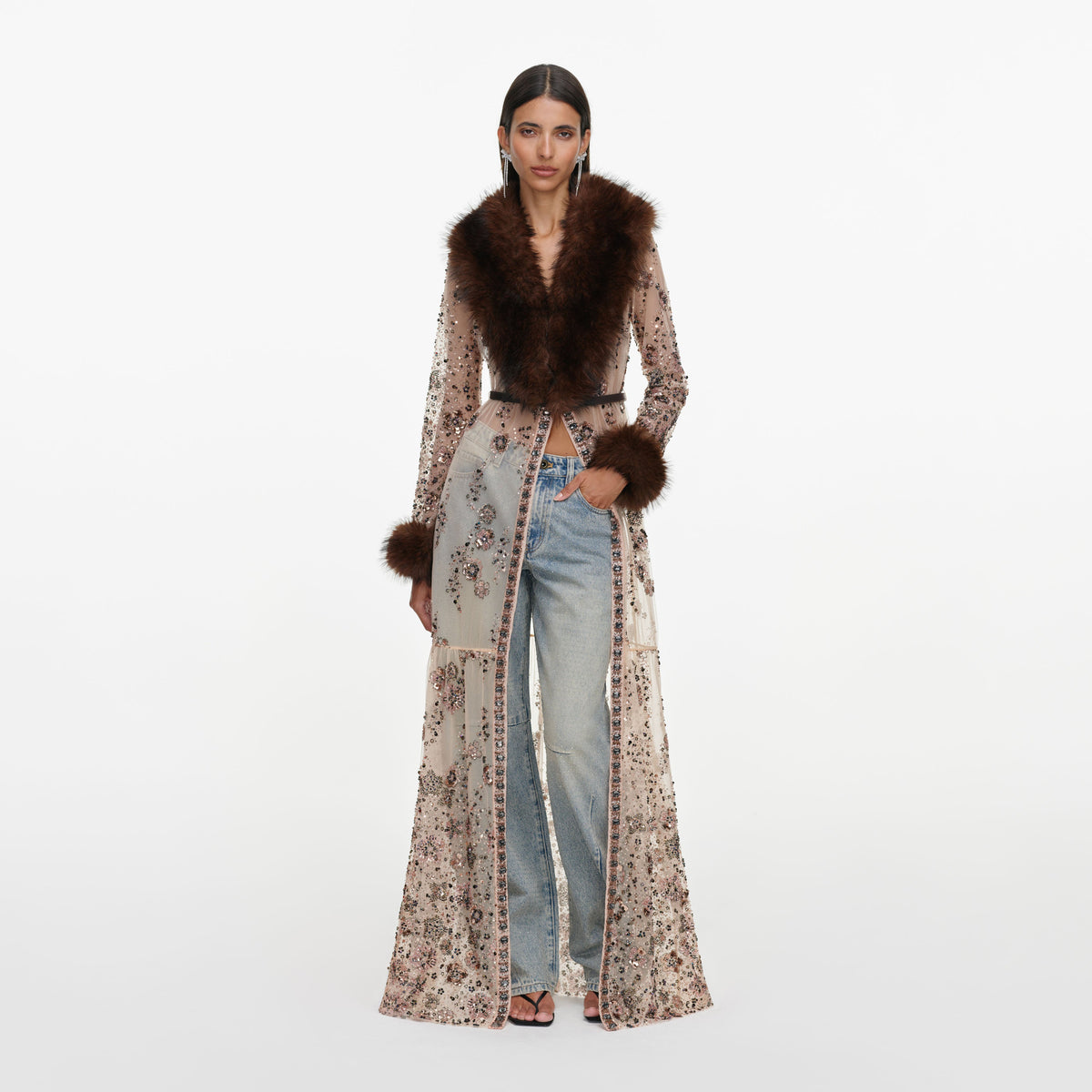 Front view of a woman wearing the Beige Sequin Embellished Fur Maxi Dress