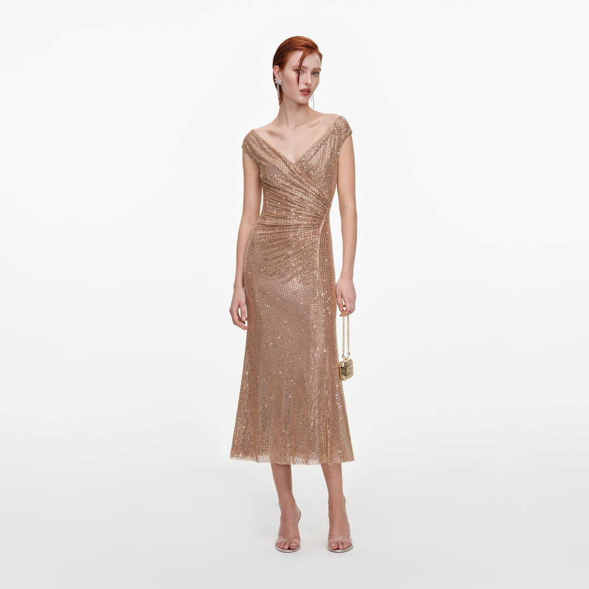 Gold Rhinestone Off Shoulder Midi Dress
