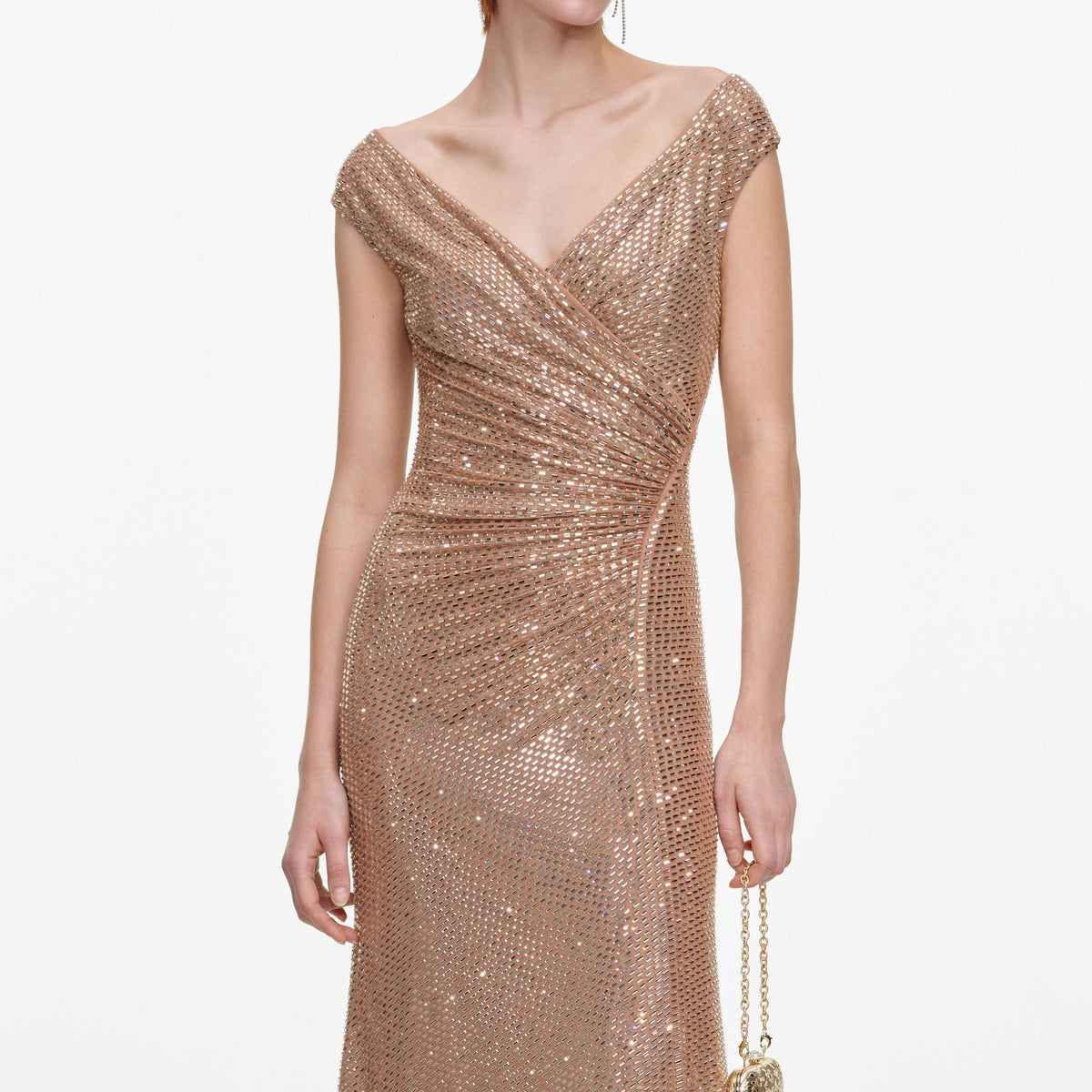 Gold Rhinestone Off Shoulder Midi Dress