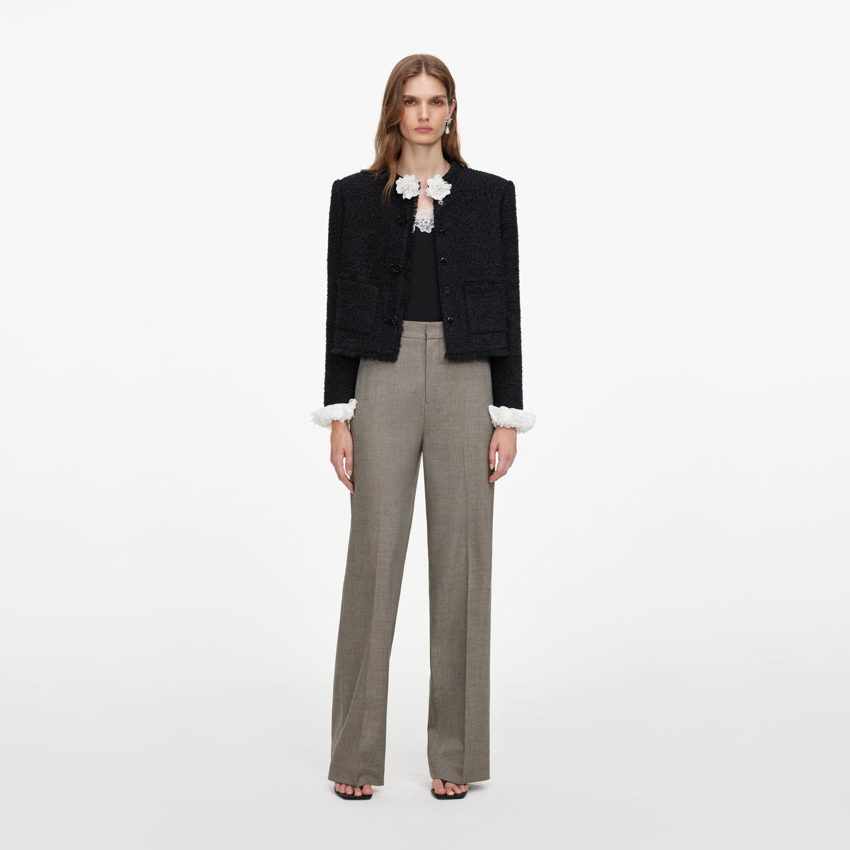 Front view of a woman wearing the Brown Twill Tailored Trousers